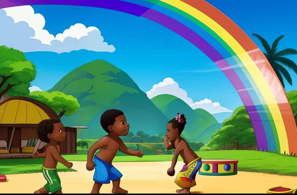 create colorful Brazilian 's atmosphere, fun with rainbow, ground floor, trees and mountains, a black boy without a shirt with capoeira instruments on the floor, atabaque, berimbau drum, reco-reco
