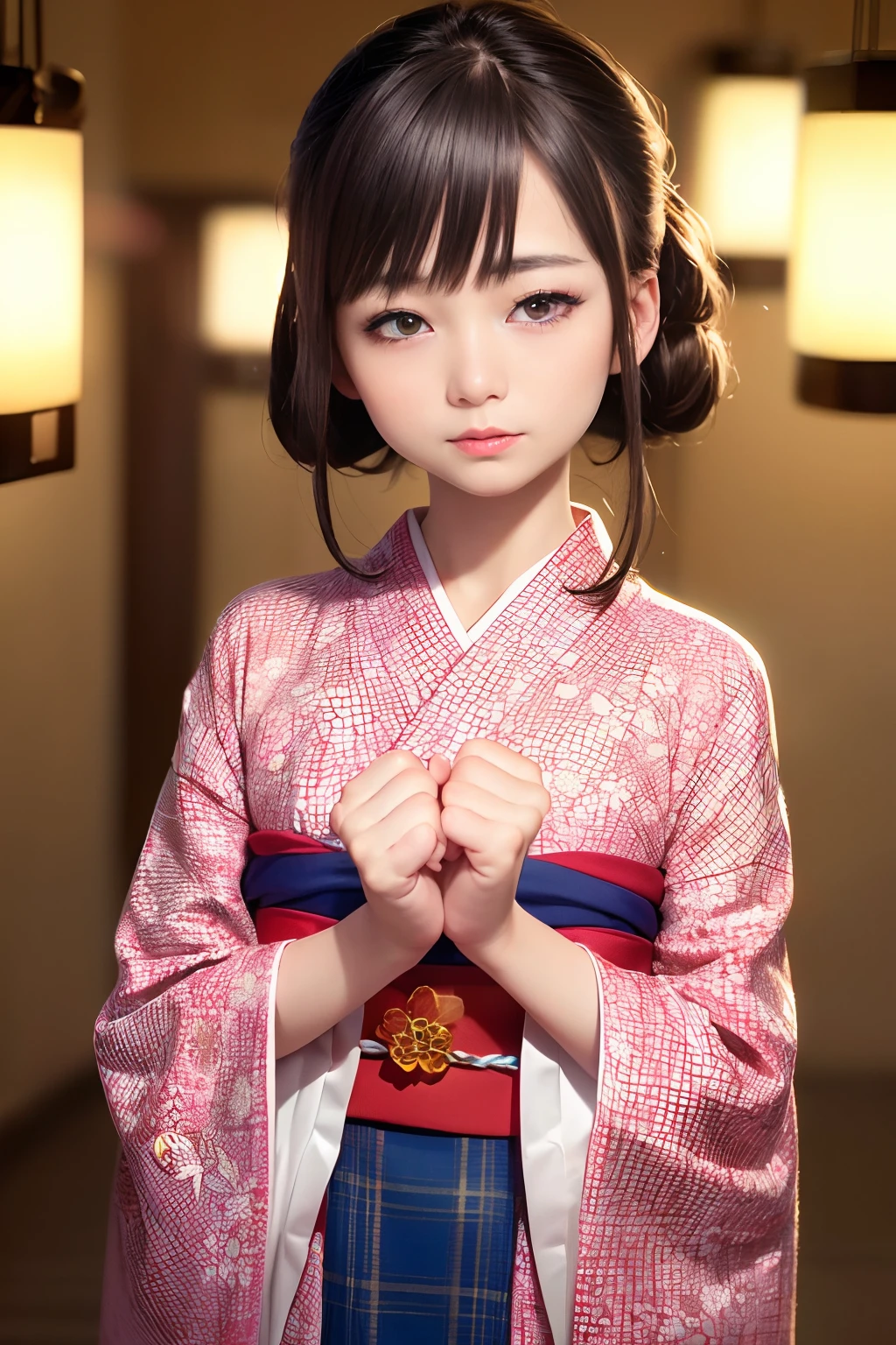 Upper body from the waist up、Are sleeping、nap、(Sleeping with your eyes closed)、(4In K、masterpiece、hight resolution、Realistic and beautiful light and shadow、One girl、Solo Focus、(top-quality)、(Hi-Res)、(extremely delicate and beautiful)、(Beautiful 8k face)、(Brown-eyed)、(I close my eyes while smiling.)、(独奏)、(Clear skin)、(Soft hair)、(hugetits)、(Plaid kimono, Red and blue floral yukata)、((Awa Odori Pose))、((Bokeh lantern light night background))、((speedo))、(reality)、thin and small nose、(red lipsticks)、(Reddening cheeks)、poneyTail、(Lustrous skin)、((Ukiyo-e style))、Ultra-thin eyebrows、Ultra high image quality、(Wearing maiko-style makeup)、skin whitening、long and beautiful lashes、Turning around in the style of a Kyoto magazine model、((s asleep))、Lustrous skin、(Red-dyed cheeks)