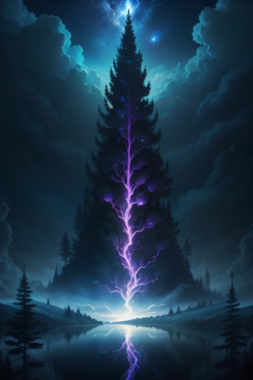 A surrealist one、Otherworldly、Illustration of the super sky scene,、Very detailed and magical lighting、Intricate forest details、sik、Beautiful lake、Beautiful lighting and realistic proportions,As if it were a movie backdrop,8k,HighestQuali,tmasterpiece,Clouds and stars in the sky。