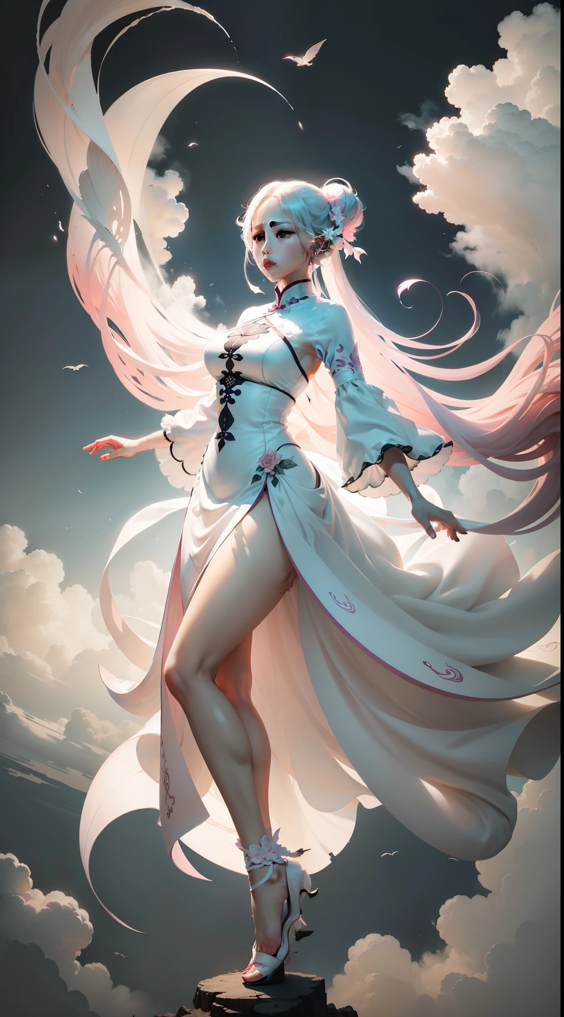 an inky white painting of a lady in old dark white dress with a huge light pink fish in the cloud, made of mist and cloud, dark white and pink, in the style of li shuxing, shilin huang, zhichaocai, ethereal forms, gigantic scale, graceful balance, double exposure