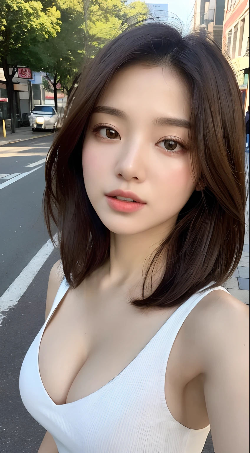 ((Top quality, 8K, Masterpiece: 1.3)), Sharp focus: 1.2, Beautiful woman with perfect body: 1.4, (((layered haircuts)), (Torn white shirt:1.45), (Short white dress)(Sunny, street: 1.2), Very detailed face and skin texture, Detailed eyes, Double eyelids, White skin, In the city, street, Walking, Rake the hair,Bigchest,Expose cleavage,Shoulders exposed