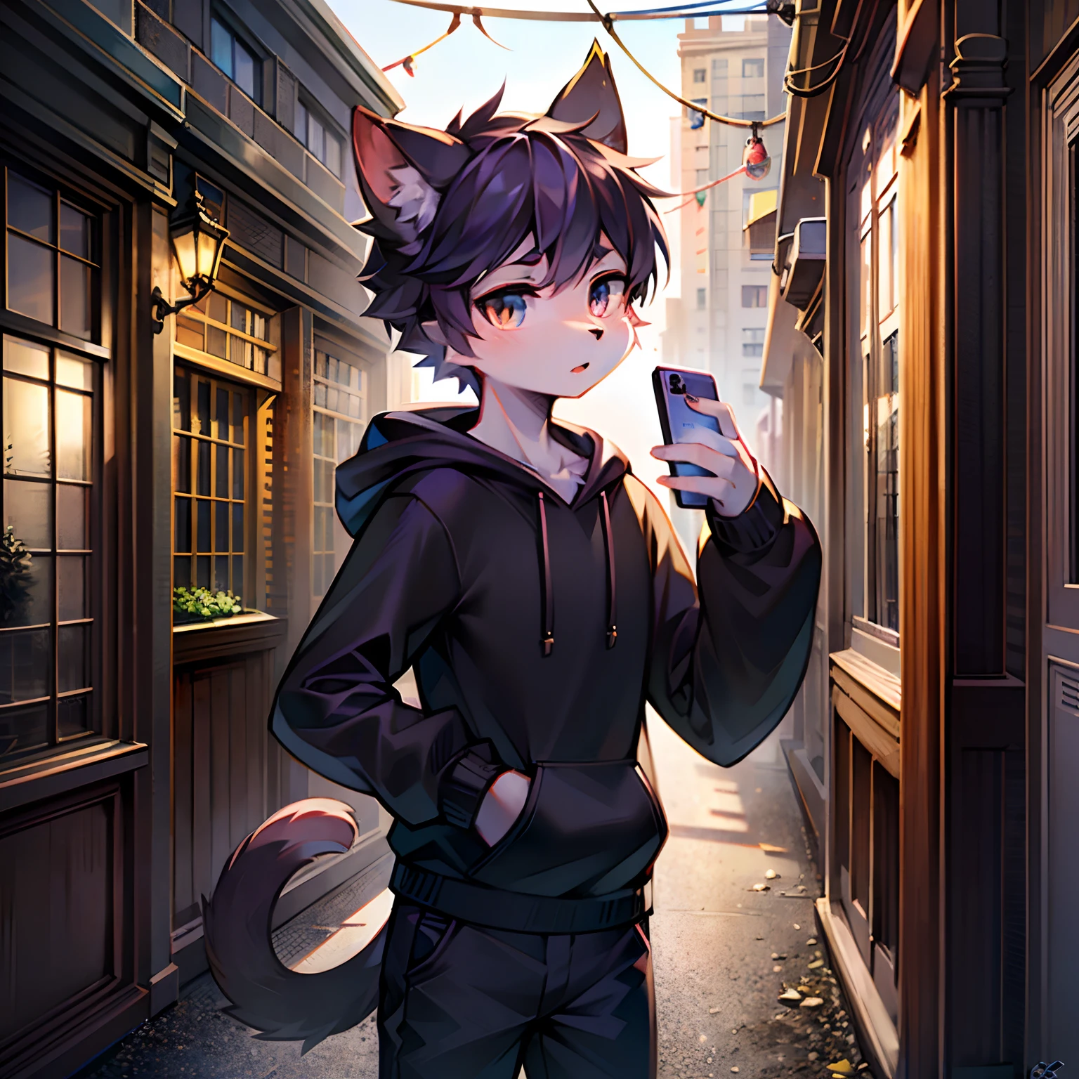 Anime characters with cat ears and hoodie holding mobile phone，a picture inspired by Niko Henrichon，Trend of CGsociety，Furry art，Anime Catwoman，anime visual of a cute cat，Cute anime cat man，anime cat，Beautiful anime cat man，Boy with cat ears and tail，Cat man，Anime style，8K，Today's featured anime stills。