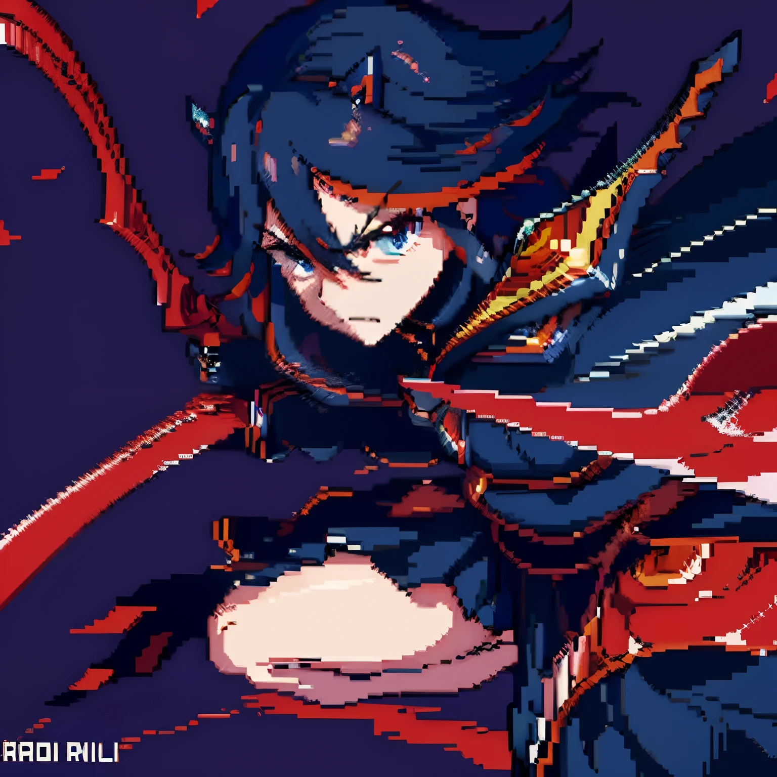 Pixel art, Matoi Ryuuko, kill la kill, looking at viewer, portrait, masterpiece, highres, perfect anatomy, dark blue hair, blue eyes, black sailor dress, red fingerless gloves, cherry petals background, simple background, full body, wariza(/pose), from beside