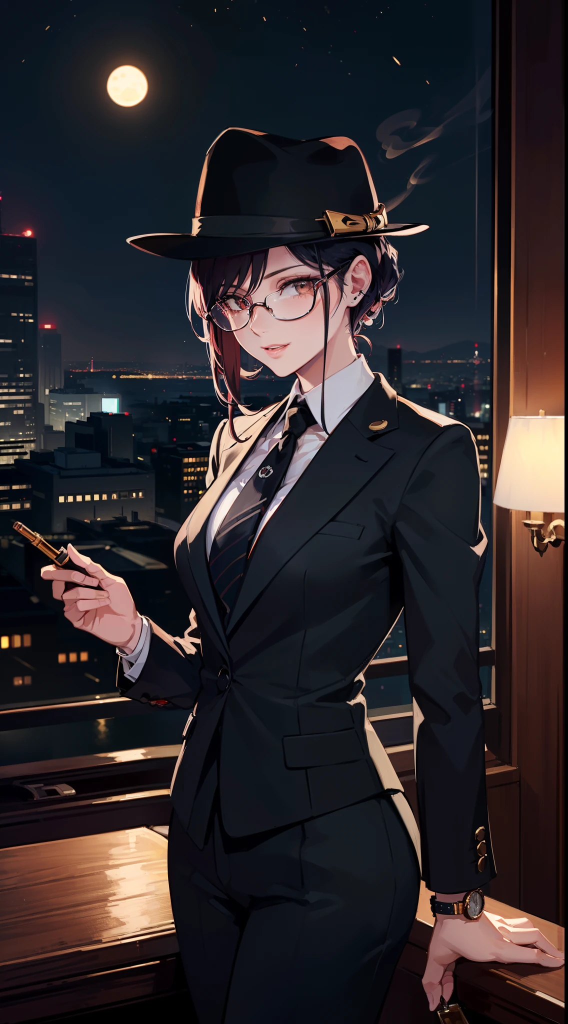 femele、suits、A dark-haired、wears glasses、smoking tobacco、View here、Beautiful night view、Face Up
