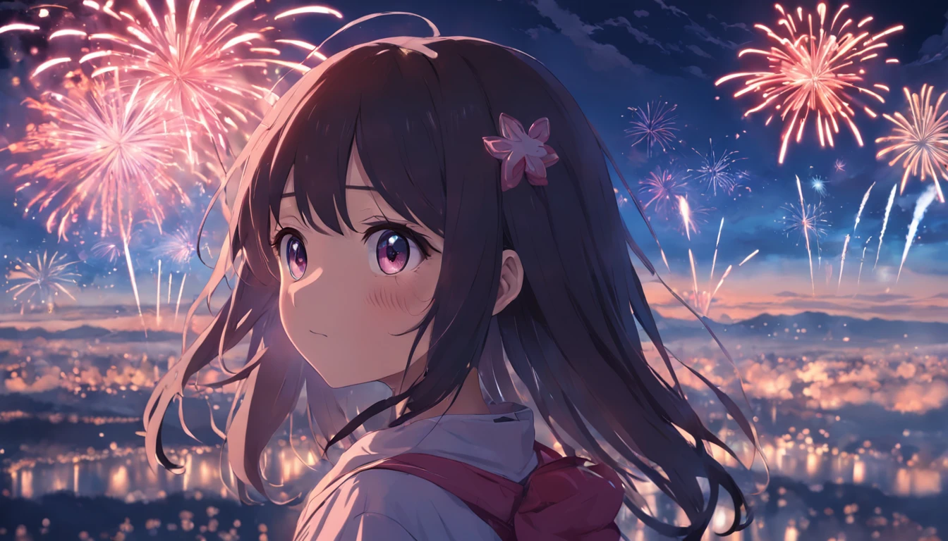 1girll,sideface,Sideways,full bodyesbian,Face,Fireworks in bloom,Colorful fireworks,fire works,daysies,Floating in the sky,brightly,cheerfulness,Warm and soft lighting,early evening,Blue,light cloud,Bar cloud