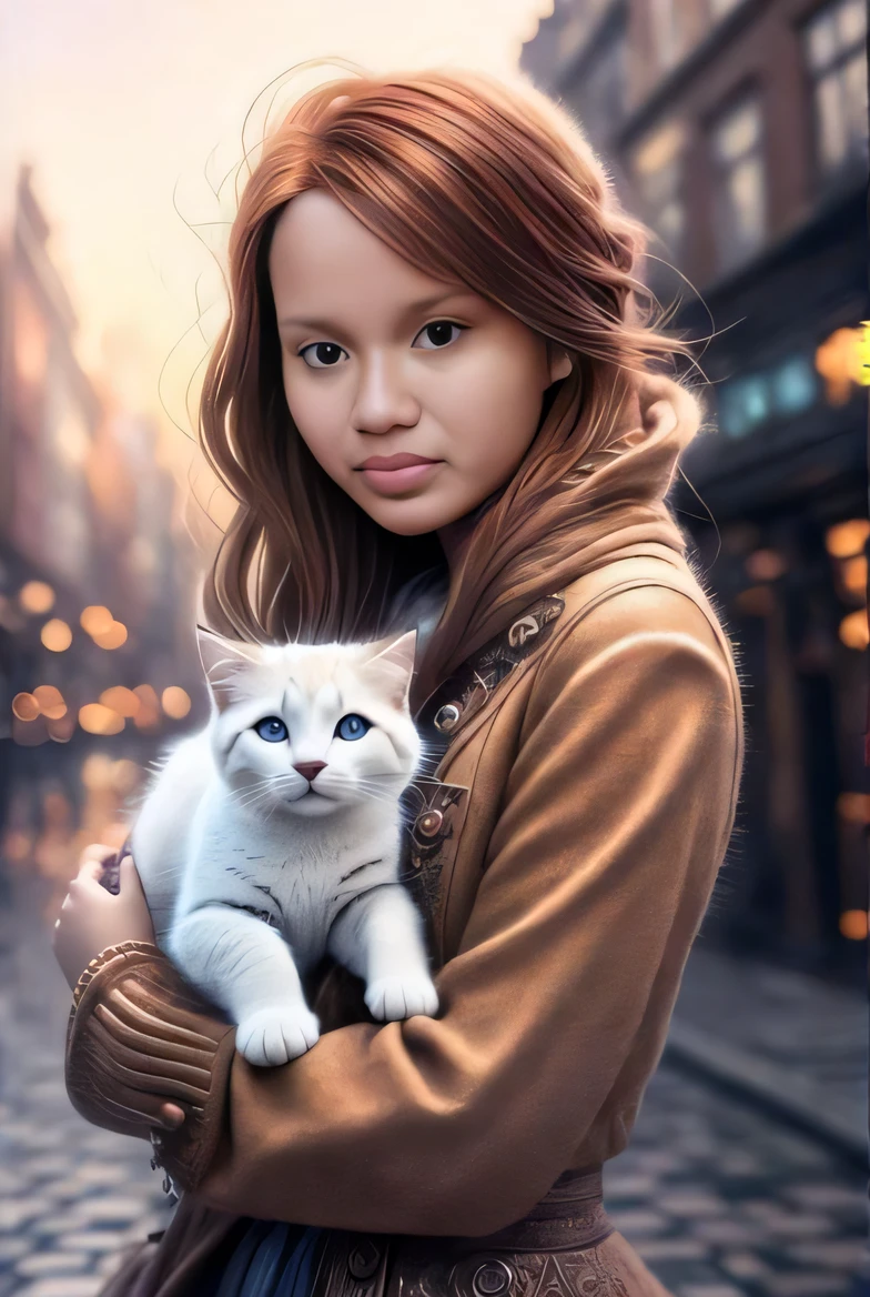 Arafed woman holding a white cat in her arms on a city street, gatinha jovem bonita, muito bonita gatinha fofa, she is holding a cat in her arms, segurando um gato, mulher e gato, menina gato atraente, painting digital adorable, bela foto realista, arte digital. foto realista, pintura realista da menina bonito, Magali Villeneuve e Monet
