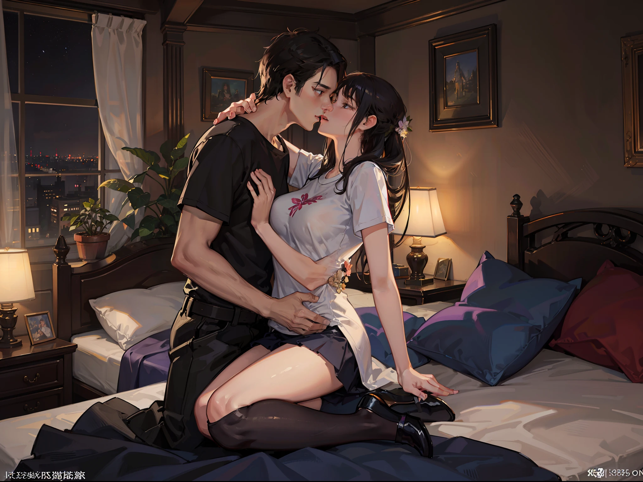 2 Man and woman in bedroom with bed, A man and a woman kiss, Carrying a woman on her shoulders, Black hair in a short skirt, T-shirt and pants, T-shirt and summer pants, Modern bedroom, Big bed, flower pots, Floor flowers, Large windows overlooking the city, the night, lamp lights, Soft light, Moonlight outside the window, The is very detailed, beaturiful body, Clear image, High detail commercial illustration, cover illustration, commission for high resolution, in style of digital illustration, close scene, romance novel cover, cover illustration, Background Illustration, Figure 8K, Realistic art style, Professional illustration, Artistic cover, Stylized works of urban fantasy, Official illustration, 数字插图 -