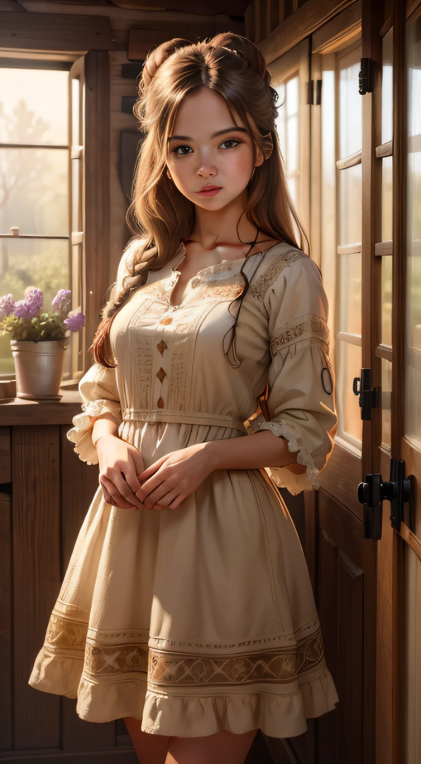 ((masterpiece)),((best quality)),((high details)),((realistic)), beautiful girl wearing Rustic Embroidered Dress, Low bun with loose strands hair,Warm indoor light through windows, Village cottage interior with vintage decor background, 8k