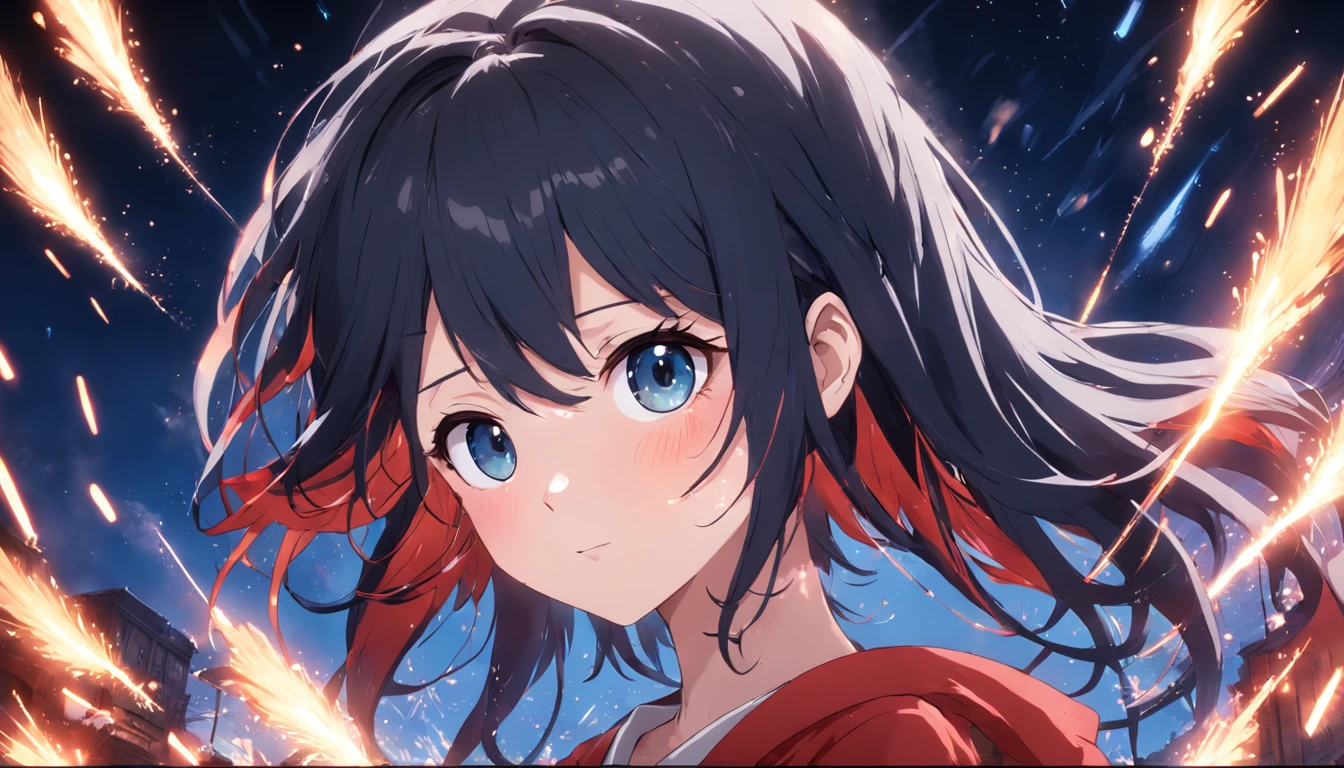 1girll,sideface,Sideways, Expose the whole body,Nice face,red pupils,Gray-black hair,Fireworks in bloom,Colorful fireworks,fire works,daysies,Floating in the sky,brightly,cheerfulness,Warm and soft lighting,early evening,Blue,light cloud,Bar cloud