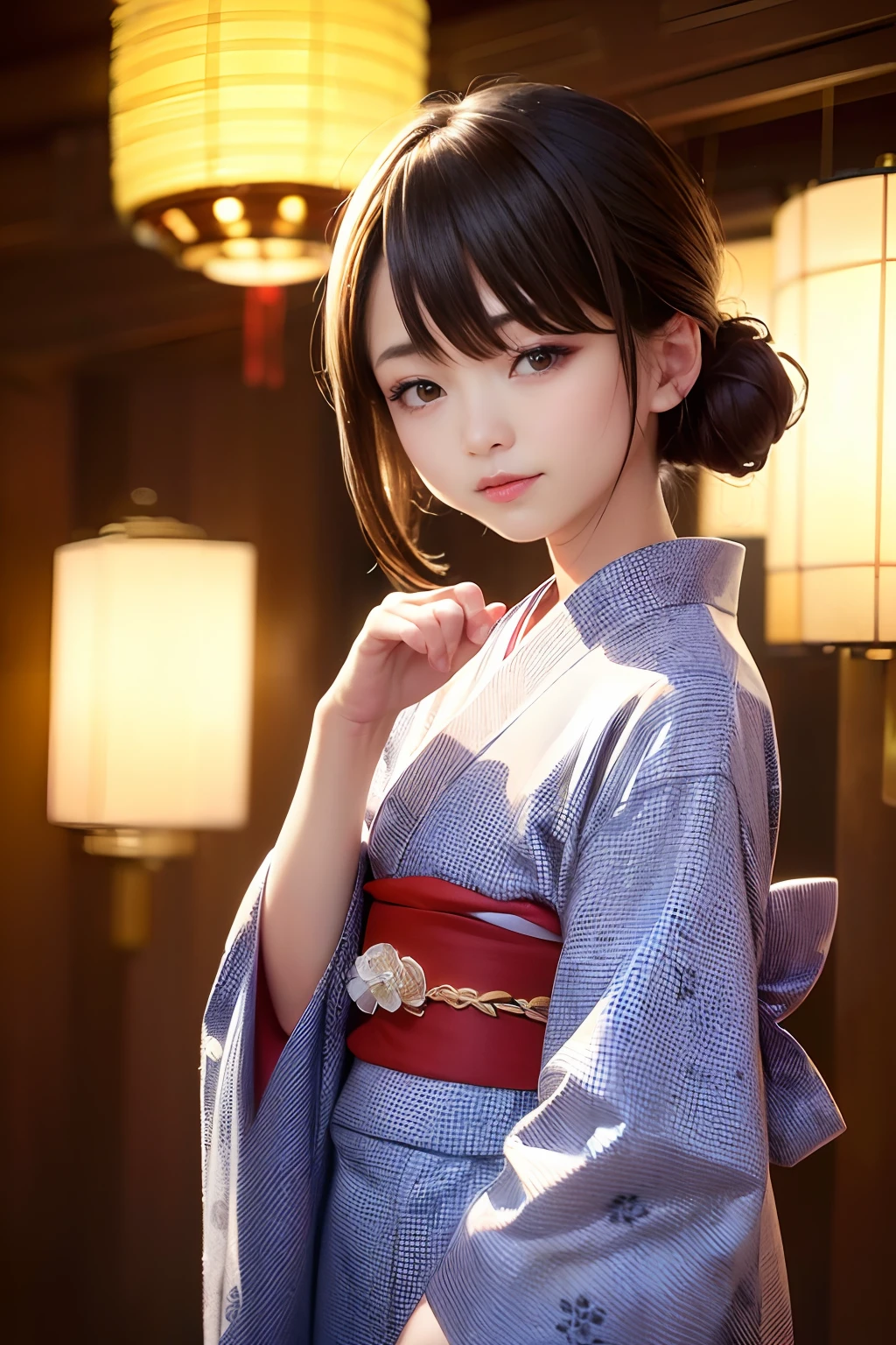 Upper body from the waist up、Are sleeping、nap、(Sleeping with your eyes closed)、(4In K、masterpiece、hight resolution、Realistic and beautiful light and shadow、One girl、Solo Focus、(top-quality)、(Hi-Res)、(extremely delicate and beautiful)、(Beautiful 8k face)、(Brown-eyed)、(I close my eyes while smiling.)、(独奏)、(Clear skin)、(Soft hair)、(hugetits)、(Plaid kimono, Red and blue floral yukata)、((Awa Odori Pose))、((Bokeh lantern light night background))、((speedo))、(reality)、thin and small nose、(red lipsticks)、(Reddening cheeks)、poneyTail、(Lustrous skin)、((Ukiyo-e style))、Ultra-thin eyebrows、Ultra high image quality、(Wearing maiko-style makeup)、skin whitening、long and beautiful lashes、Turning around in the style of a Kyoto magazine model、((s asleep))、Lustrous skin、(Red-dyed cheeks)