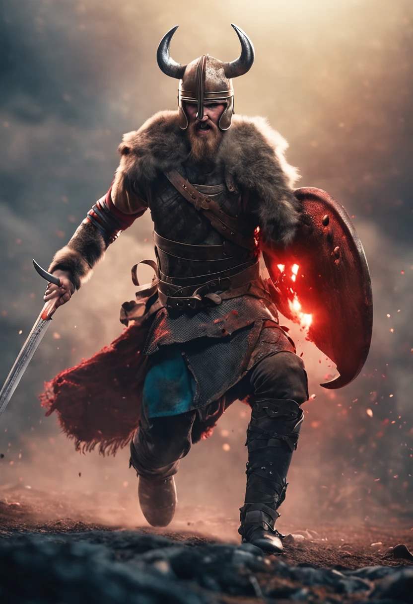 a viking warrior, fighting pose, bloody armor, epic, 8k