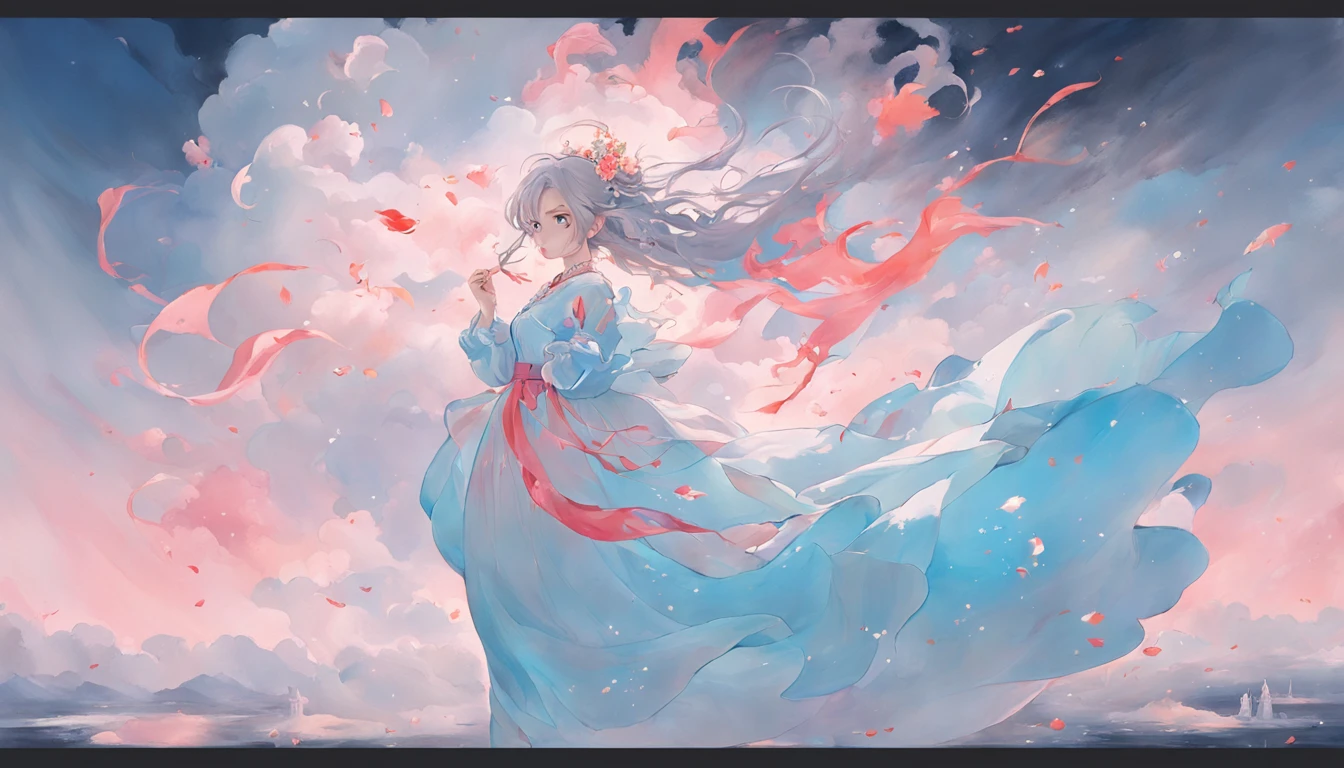 An inky white painting,The painting shows a lady in a long light blue dress,There is a huge pink goldfish in the clouds, Made of fog, Dark white and pink, Clear face,Clear eyes,In the style of Li Shuxing, shilin huang, Brilliant talent, Ethereal form, gigantic scale, Elegant and balanced, Doubleexposure, Cloud effects:1.5,elevation,Faraway view,super detailing,best qualtiy,tmasterpiece,8K,Extremely detailed,Epic artwork
