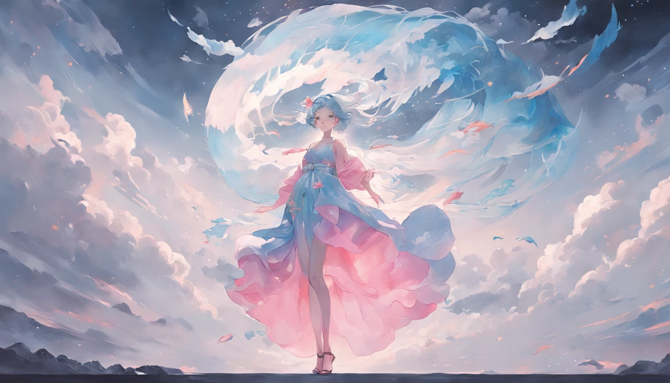 An inky white painting，The painting shows a lady in a long light blue dress，There is a huge pink goldfish in the clouds, Made of fog, Dark white and pink, Clear face，Clear  eyes，In the style of Li Shuxing, shilin huang, Brilliant talent, Ethereal form, gigantic scale, Elegant and balanced, Doubleexposure, Cloud effects：1.5，elevation，Faraway view，super detailing，best qualtiy，tmasterpiece，8K，Extremely detailed，Epic artwork