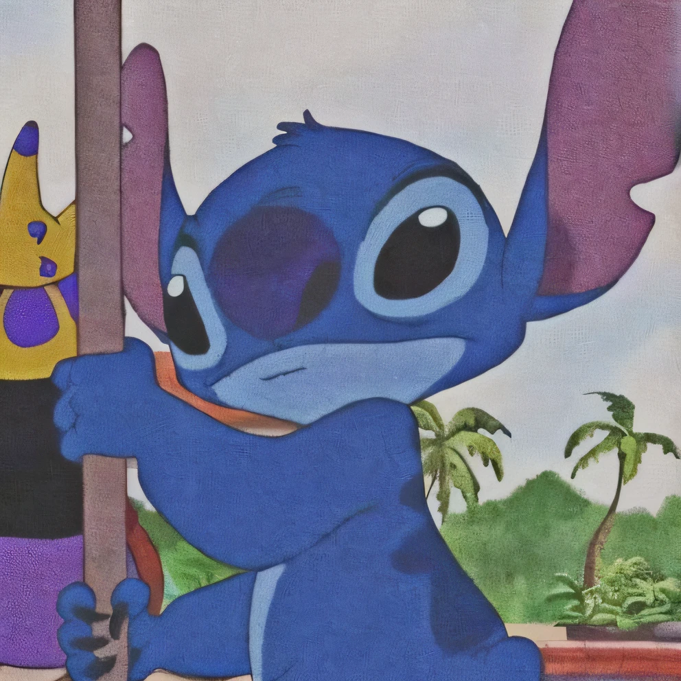 Blue sewing machine with a yellow cartoon, Lilo and stitching, art in the style of disney, style of disney animation, disney character, long trunk holding a wand, disney 2d animation still, smirking deviously, shaded animation cel, disney 2d traditional animation, A slight smil, Classic Disney mood, a cartoon by disney