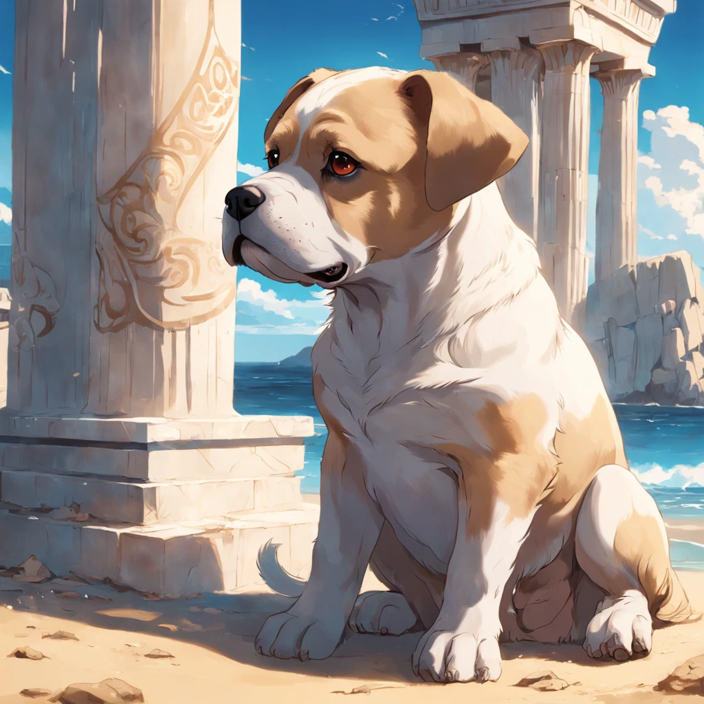 Ancient Greek world，beachside，a puppy dog，Huge puppy，sitted，smoking a cigar