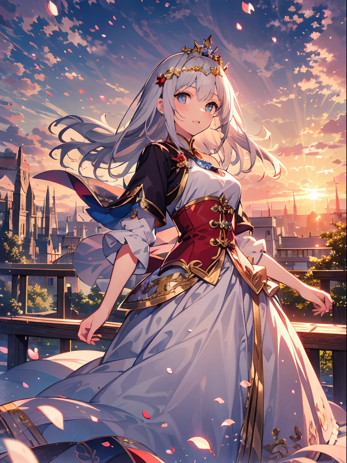 1girll，the sunset，Skysky，Yunxia，A princess，tiara crown，Scattered petals，illustration，CG art，tmasterpiece，high qulity，depth of fields，Storytelling images，