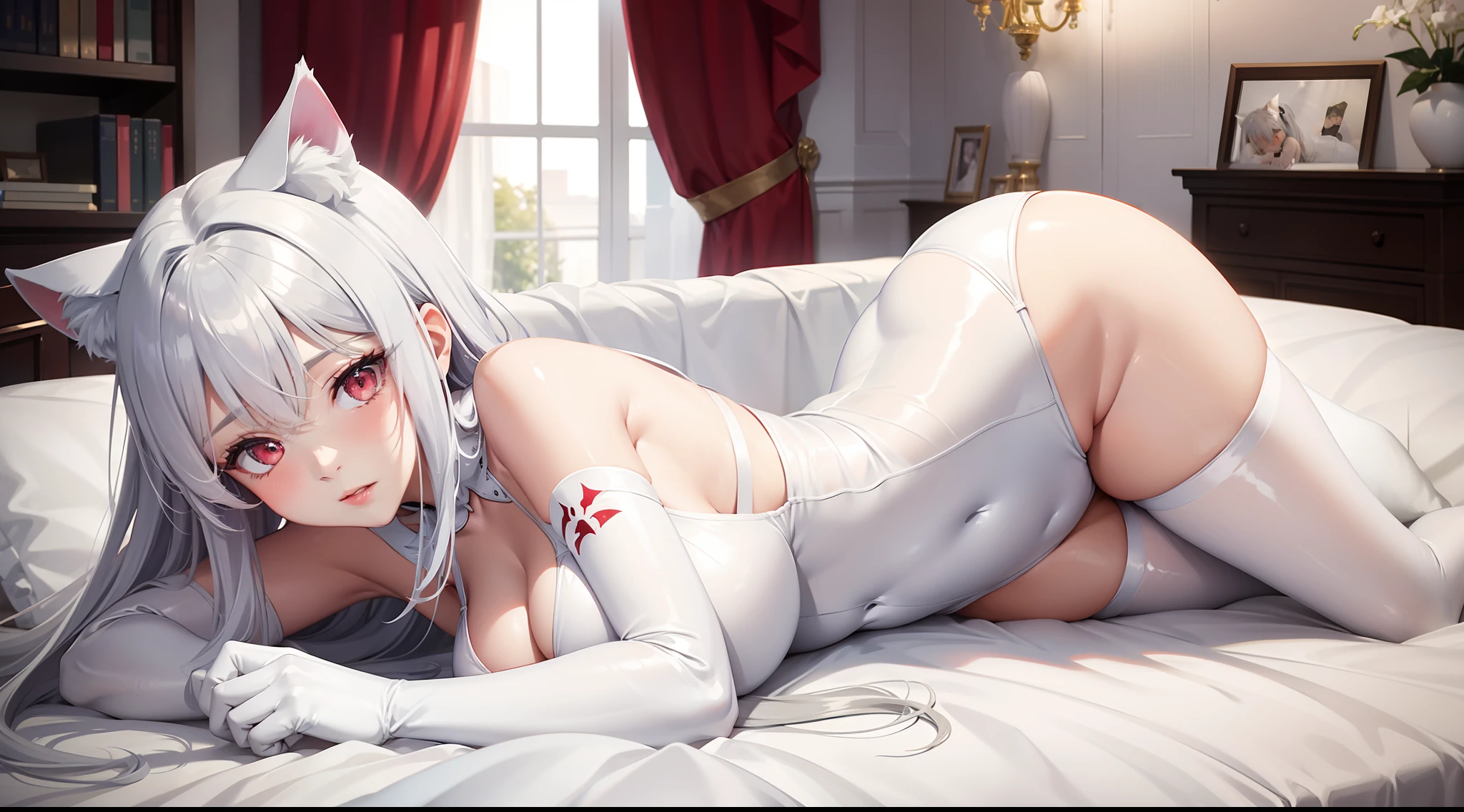one-girl,Silvery hair,Cat ears,red color eyes,White Ballsuit,white stockings,huge tit,kneeling on a bed