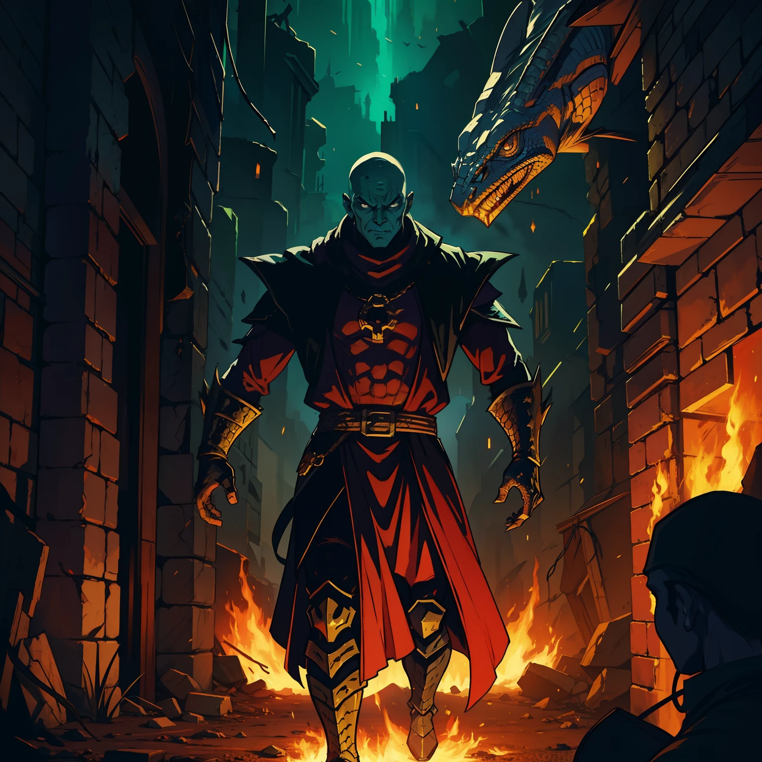 A lizard man, A villain for RPG inspired by a lizard, A man with the colors and elements of reptile, a reptile man, A villain who represents the essence of a reptile, he is in a burning ruins with a lot of magic flames, a dark place, illustration, reptile skin, cold look, an art for RPG, a character for RPG, a villain Medieval RPG, RPG Art, RPG fantasy, illustration for RPG, a digital art with cinematic lights, dramatic expressive art