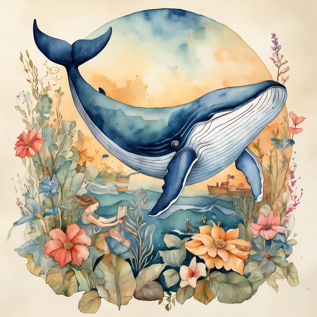 big whale undersea and Woman in wooden boat vintage cottagecore style with a flower in her hair, captured in a beautifully detailed scene with good lighting. The image has a realistic and highly artistic quality, resembling a masterpiece. The woman is writing, and the background features a clean white backdrop, reminiscent of sticker designs.
