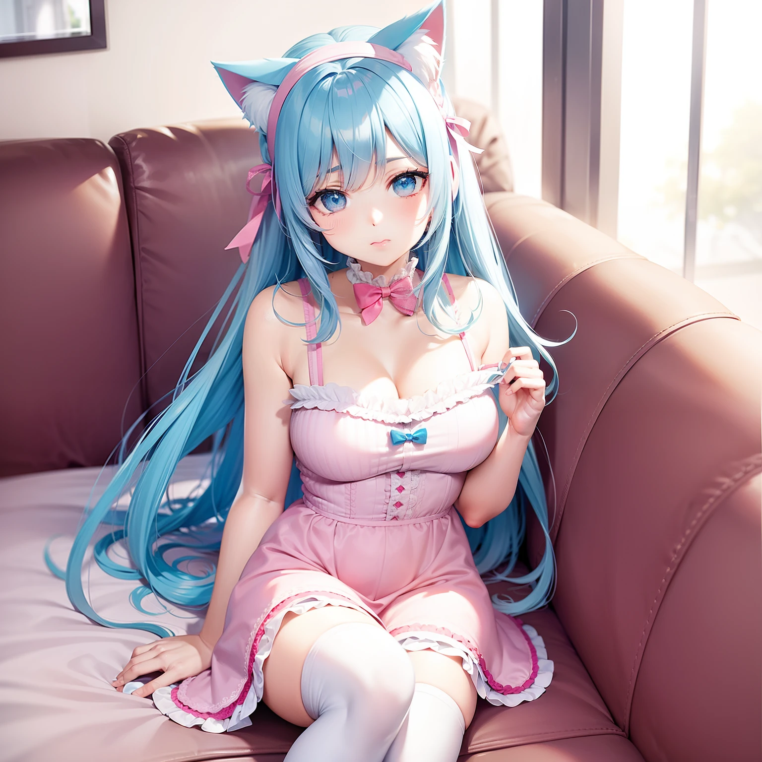 lightblue hair，Cat ears，Pink eyes，Light blue Lolita，White  socks，pink bows，inside in room，sitting in the couch，liveroom