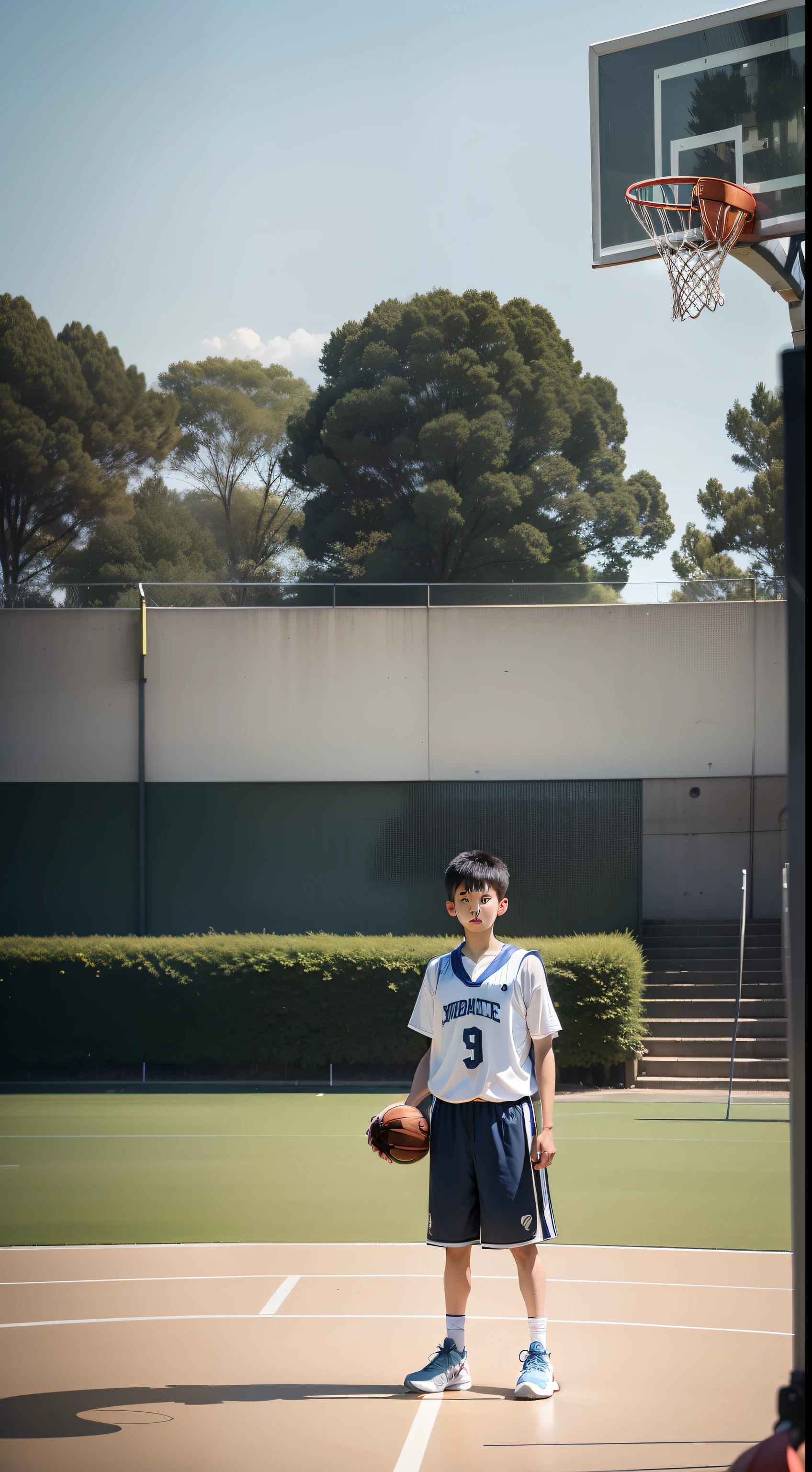On the basketball court,A young boy is shooting intently。He stands in the middle of the pitch,Standing tall,Keep your eyes focused when shooting。The background can be an open basketball court,Or a green meadow。It can create a dynamic and dynamic atmosphere for the picture。
