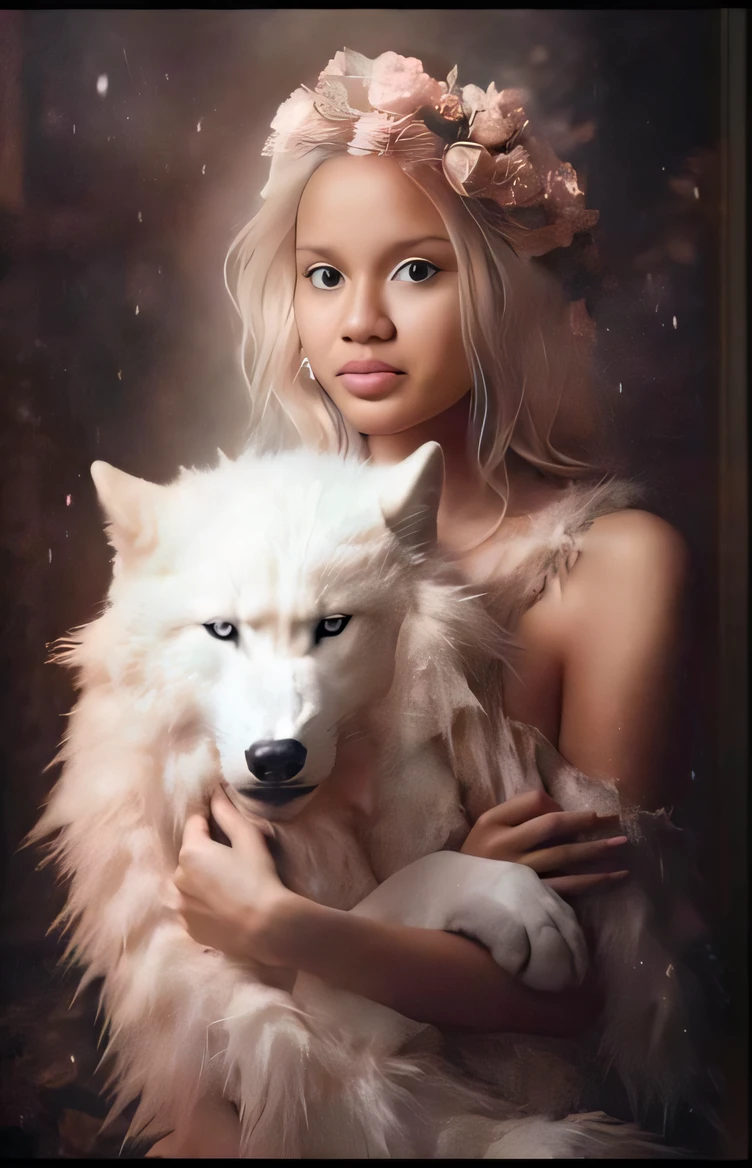 Arafed woman holding a white wolf in her arms, wolfgirl, lobo branco, um lobo branco, Angiewolf, female anthropomorphic wolf, Lobos e seus tesouros, pelo branco e pele escura, Directed by: Emma Andijewska, lobo como um humano, Directed by: Matija Jama, Princesa 'Kida' Kidagakash, companheiro lobo