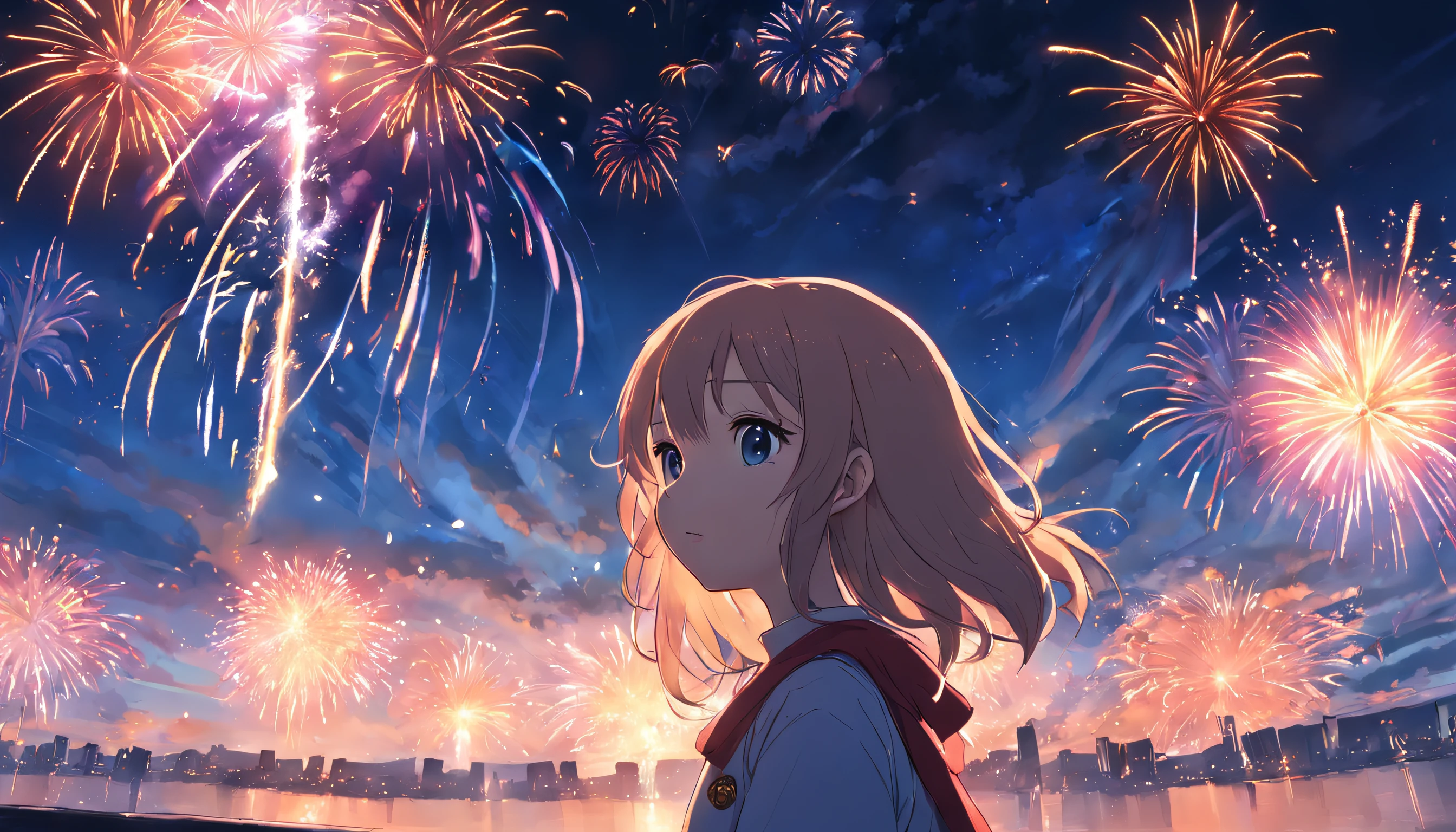 1girll,sideface,Sideways,Fireworks in bloom,Colorful fireworks,fire works,daysies,Floating in the sky,brightly,cheerfulness,Warm and soft lighting,early evening,Blue,Light clouds,Bar cloud