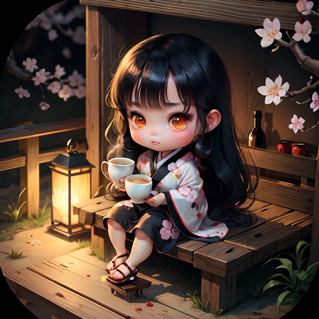 Cute light skinned chibi anime, black kimono, drink tea, straight long black hair, in a frame, drink hot tea, cherry blossom, logo, platform sandals