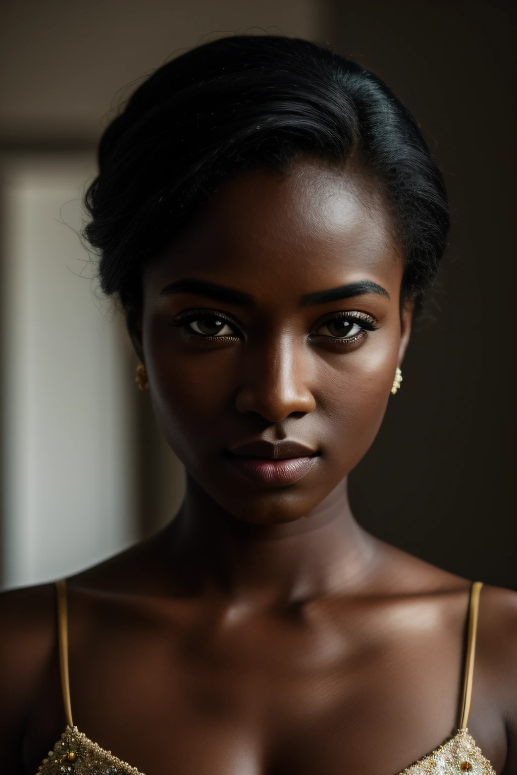 film grain, photographed with a Sony a9 II Mirrorless Camera, analog style, beautiful, masterpiece, best quality, aamari, a woman with  formal dress is looking at the camera, very dark skin, extremely detailed face, bust shot, perfect lighting