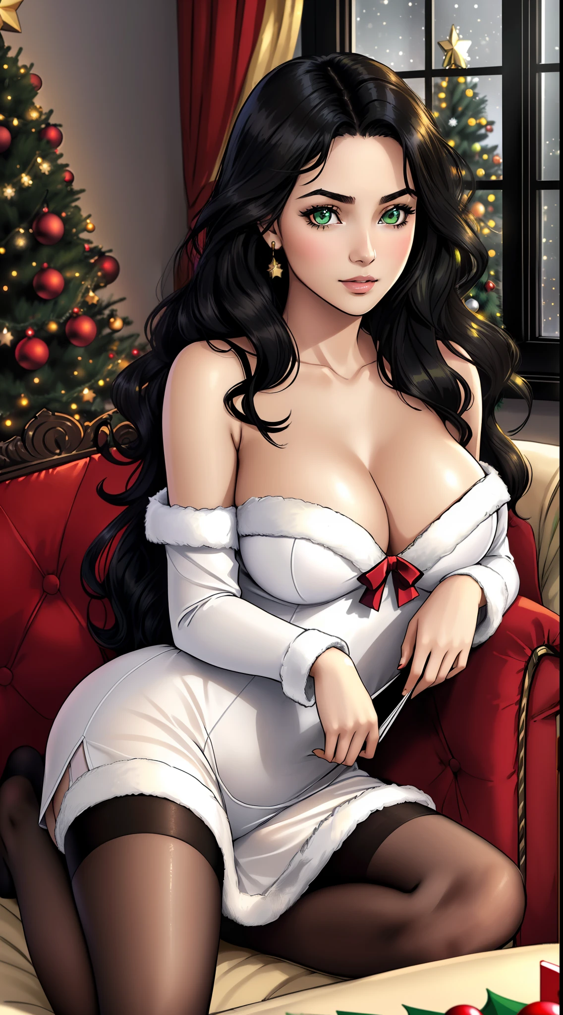 ((((A young woman))), the anime, ( Green eyes), (black hair), Nice face, ssmile, the perfect body, Wavy Hair, hairlong, (((morena))), big breastes, ((tmasterpiece, beste-Qualit)), illustartion, ультра детализированная 8k, Photorealistic, sharp-focus, higly detailed, Professional lighting,, Sofa, living room, Loungewear, Clothes for the home, slippers, Home comfort, Evening, Darkness outside the window, twilight, Christmas tree, Decorate the Christmas tree with toys, garland