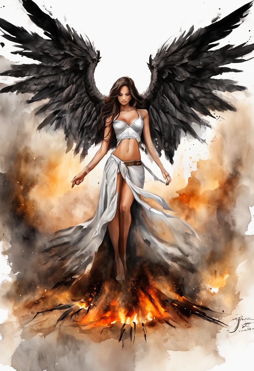 melhor qualidade, obra prima, ultra-high-resolution, (fotografia realista:1.4), surrealismo, Semelhante a um sonho,FusionArt, Female Evil Fallen Angel with Huge Wings of Fire Lying on the Ground, In an apocalyptic city on fire, looking-into-camera, Magia das sombras, Darkness Control, Sigilo, passo da sombra, Boundary spells, hidden blade,