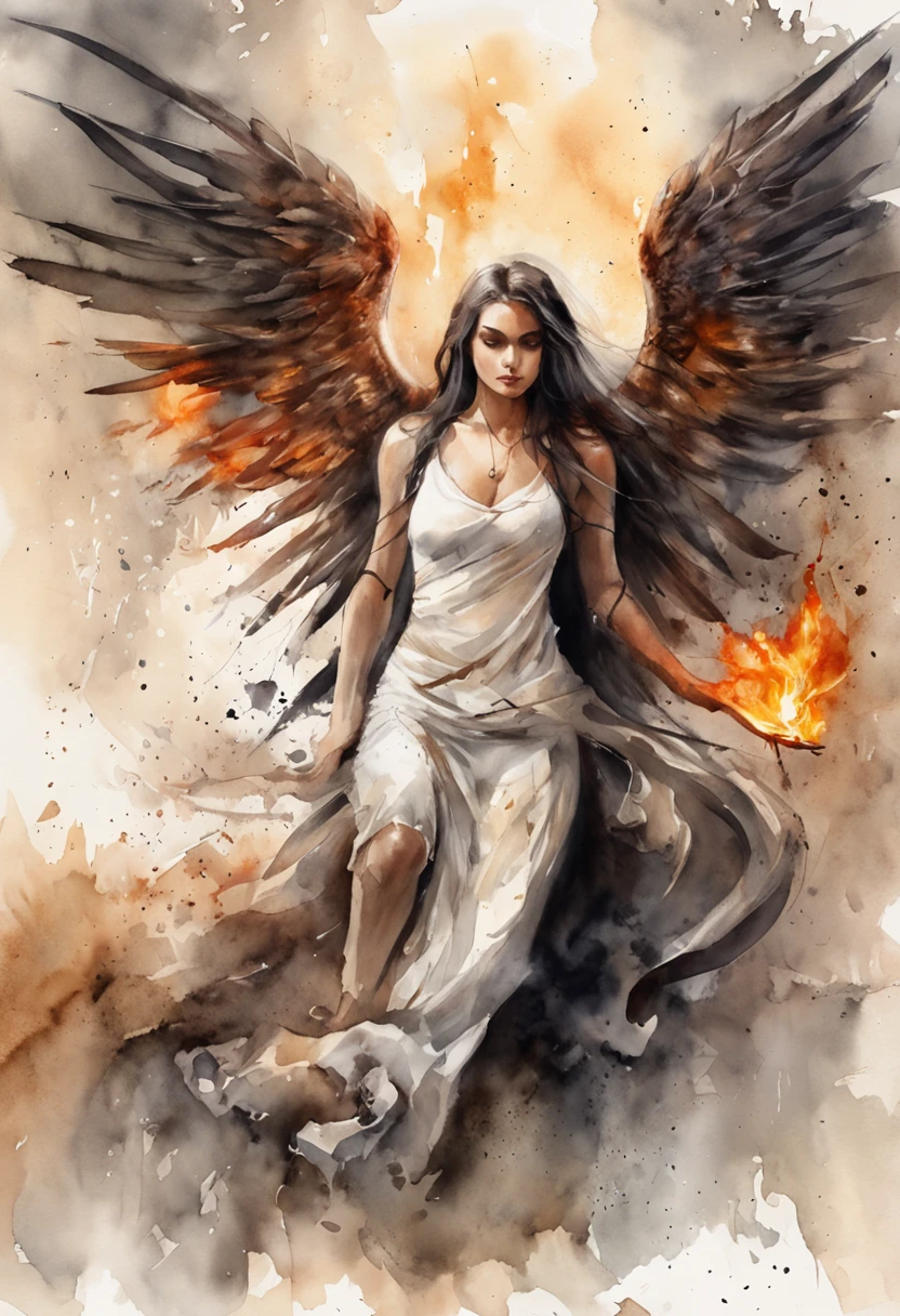 melhor qualidade, obra prima, ultra-high-resolution, (fotografia realista:1.4), surrealismo, Semelhante a um sonho,FusionArt, Female Evil Fallen Angel with Huge Wings of Fire Lying on the Ground, In an apocalyptic city on fire, looking-into-camera, Magia das sombras, Darkness Control, Sigilo, passo da sombra, Boundary spells, hidden blade,