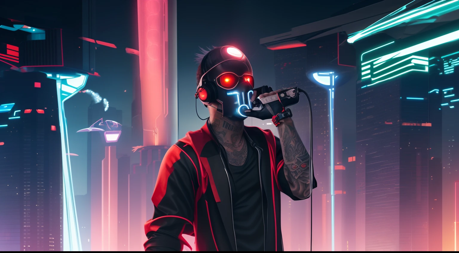 Change background cyberpunk handsome, Futuristic depiction of a perfectly tattooed man with high-tech mechanical prosthetics