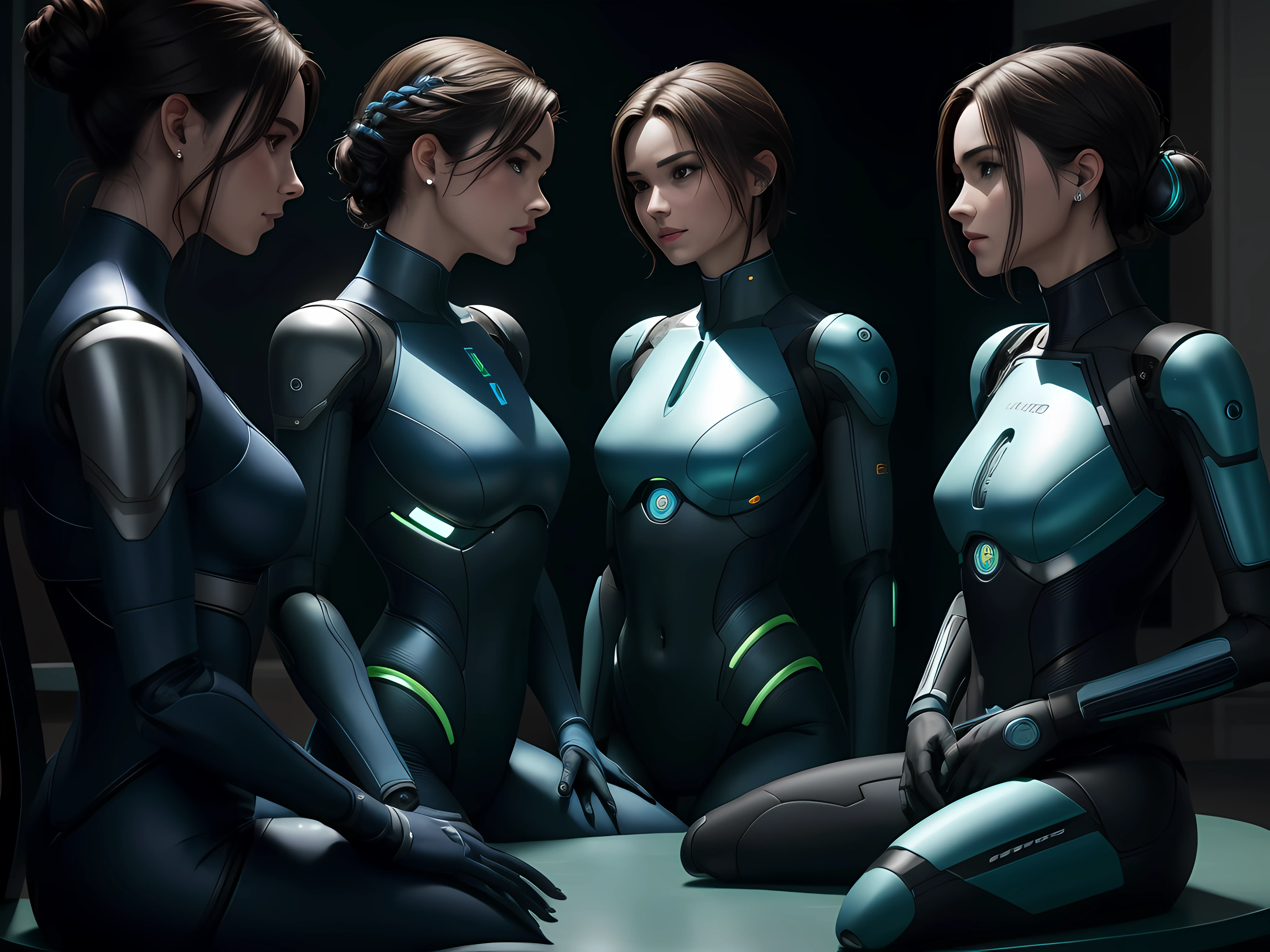 Humans sitting around a table having fun with Androids. Hiperrealista, 8 K, en tonos azules, anaranjados, verdes, violetas.