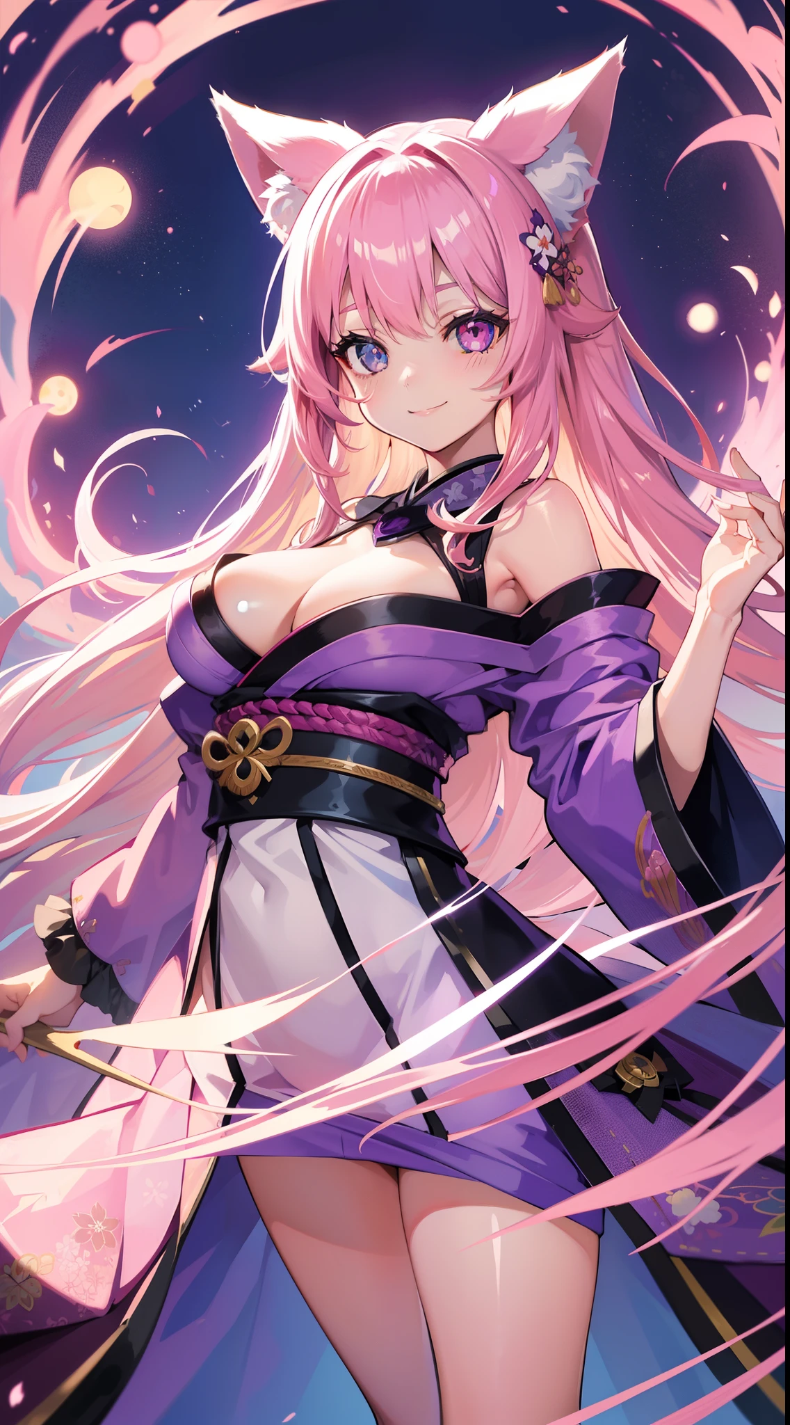 young girl, long pink hair, Fox ears, Heterochromia, left white and right purple eye, Purple kimono, open shoulders, large breasts, Smile, Masterpiece, hiquality