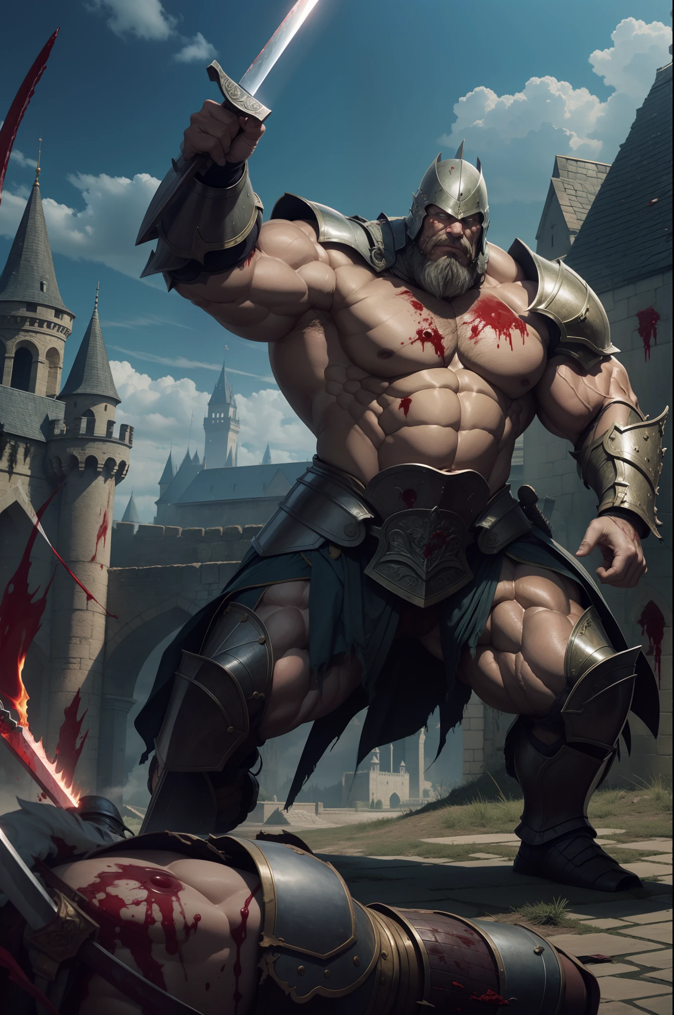 old man knight, armored, castle background, muscular, wearing armor, blood in armor, blood, broken armor, great sword
