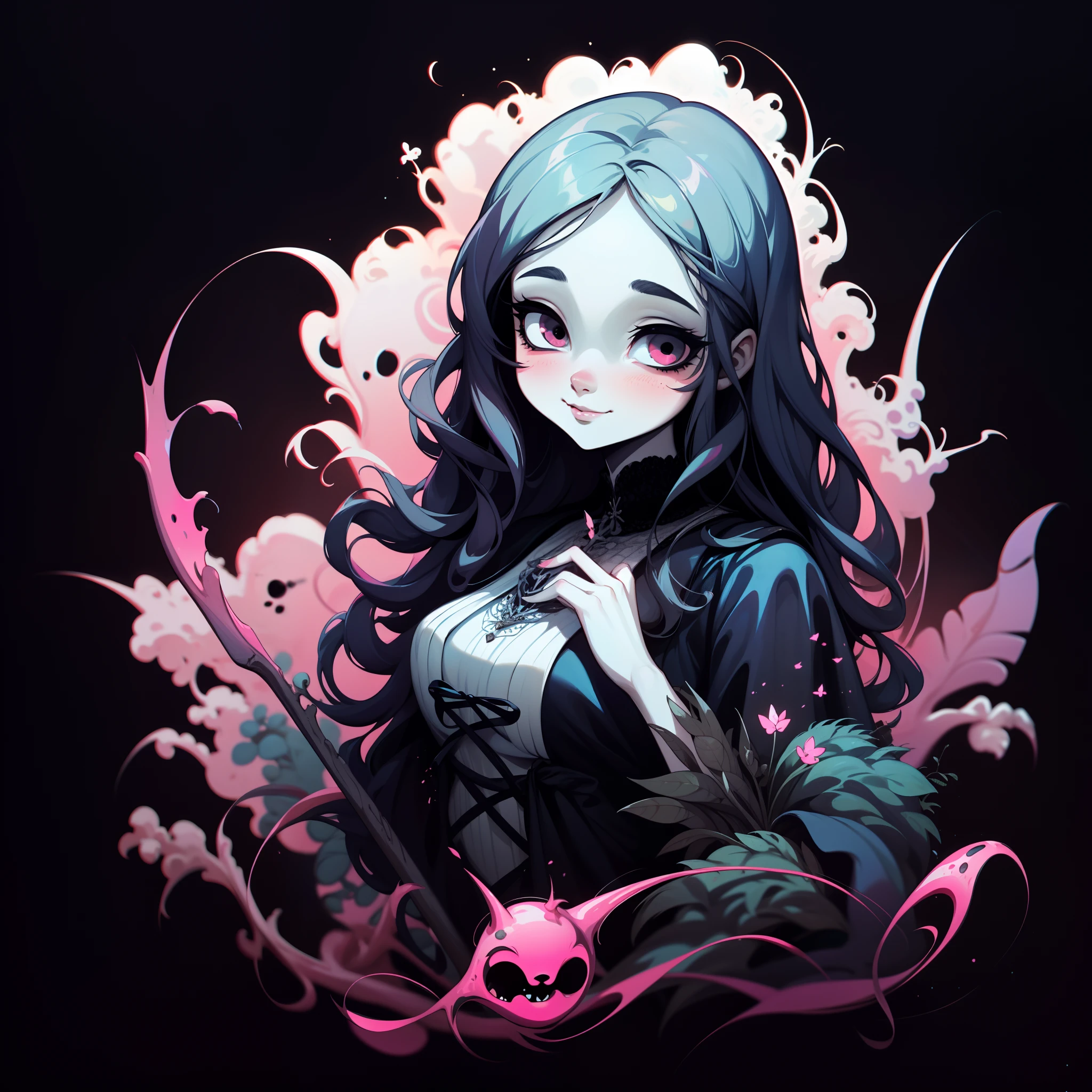 adesivo, fundo simples, retrato, 1 girl, girl with long hair, girl smilling, gothic aesthetics, beautiful gothic girl, very beautiful fantasy art, beautiful and elegant female gothic, beautiful detailed fantasy, pink and black color palate, pink color-theme