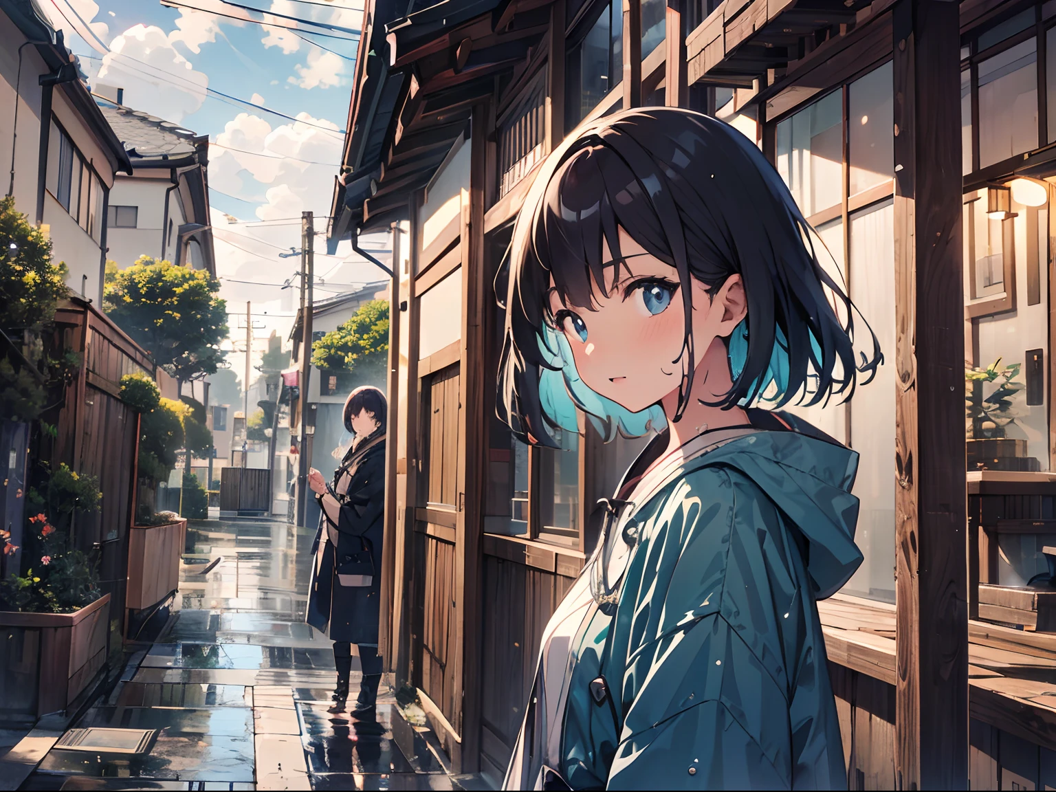 1girll，Residential roads，High quality facial features，Clear face，High-resolution face，Japanese-style architecture，Wet pavement，Reflective，potted，short detailed hair，wind coat，looking at viewert，illustration，CG art，tmasterpiece，high qulity，depth of fields，Storytelling images，