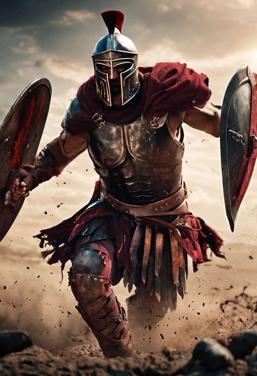 spartan warrior, fighting , bloody armor, epic, 8k
