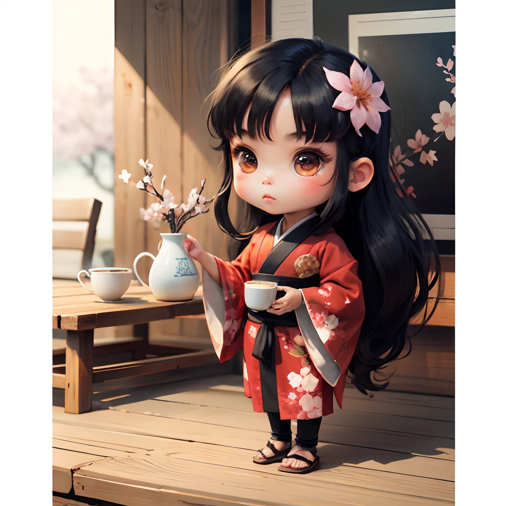 Cute light skinned  chibi anime, black kimono, drink tea, straight long black hair, in a frame, drink hot tea, cherry blossom, logo, black platform sandals