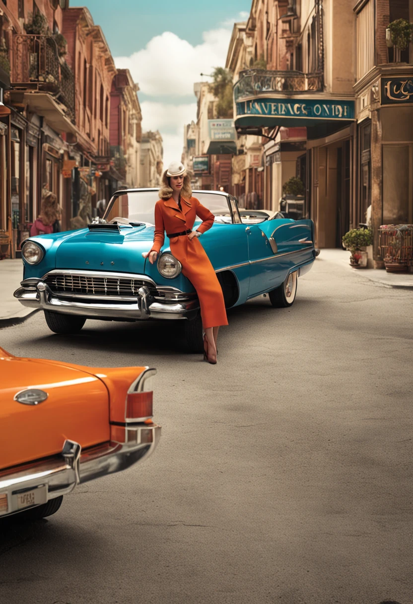 Nostalgic Elegance Capture a confident middle-aged woman with a confident middle-aged man, in the midst of the 1970s era. The fashion, furniture, and architecture should ooze the essence of that time. Enhance the scene with classic cars from the same period to complete the vintage look. Ensure intricate details in attire, surroundings, and automobiles.