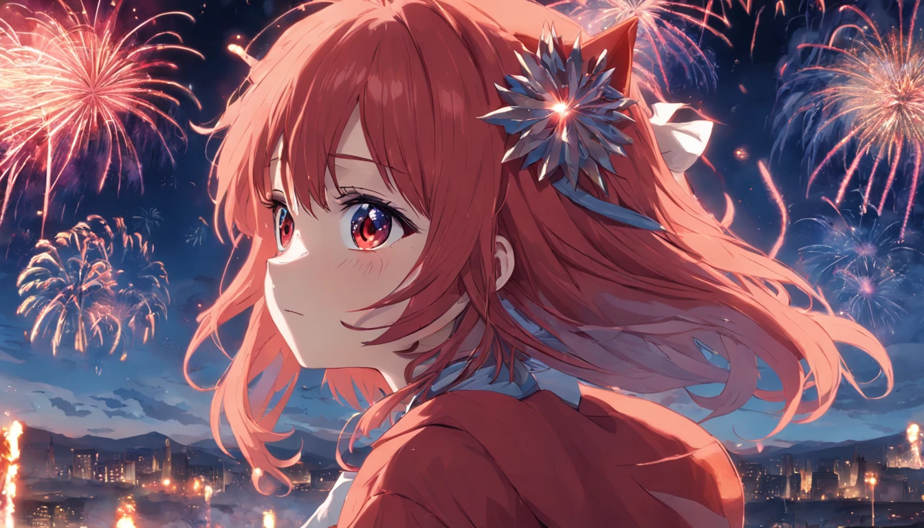 1girll,sideface,Sideways, Expose the whole body,Nice face,red pupils,greyt hair,redheadwear,Fireworks in bloom,Colorful fireworks,fire works,daysies,Floating in the sky,brightly,cheerfulness,Warm and soft lighting,early evening,Blue,light cloud,Bar cloud