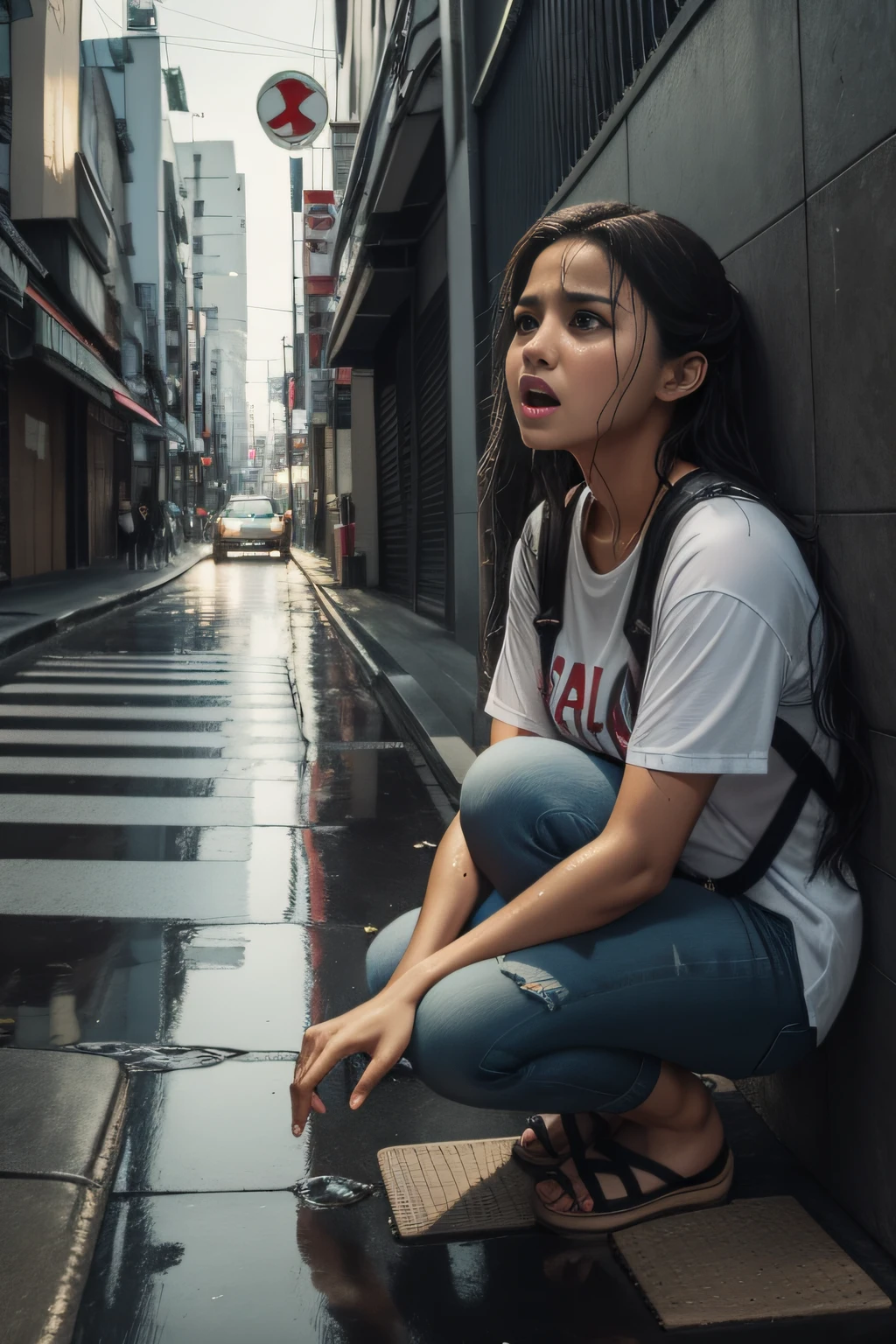 Chuva, beco escuro , Mulher , sozinha, fallen to the ground , wet floor , indefesa, chorando , fear expression, camiseta rasgada branca , seios pequenos , jaqueta couro , short jeans rasgado aberto na frente , standingn, Pose sedutora, duas coxas exageradas, heavy breathing, fear expression , Ruas de Tokyo de noite , 4k