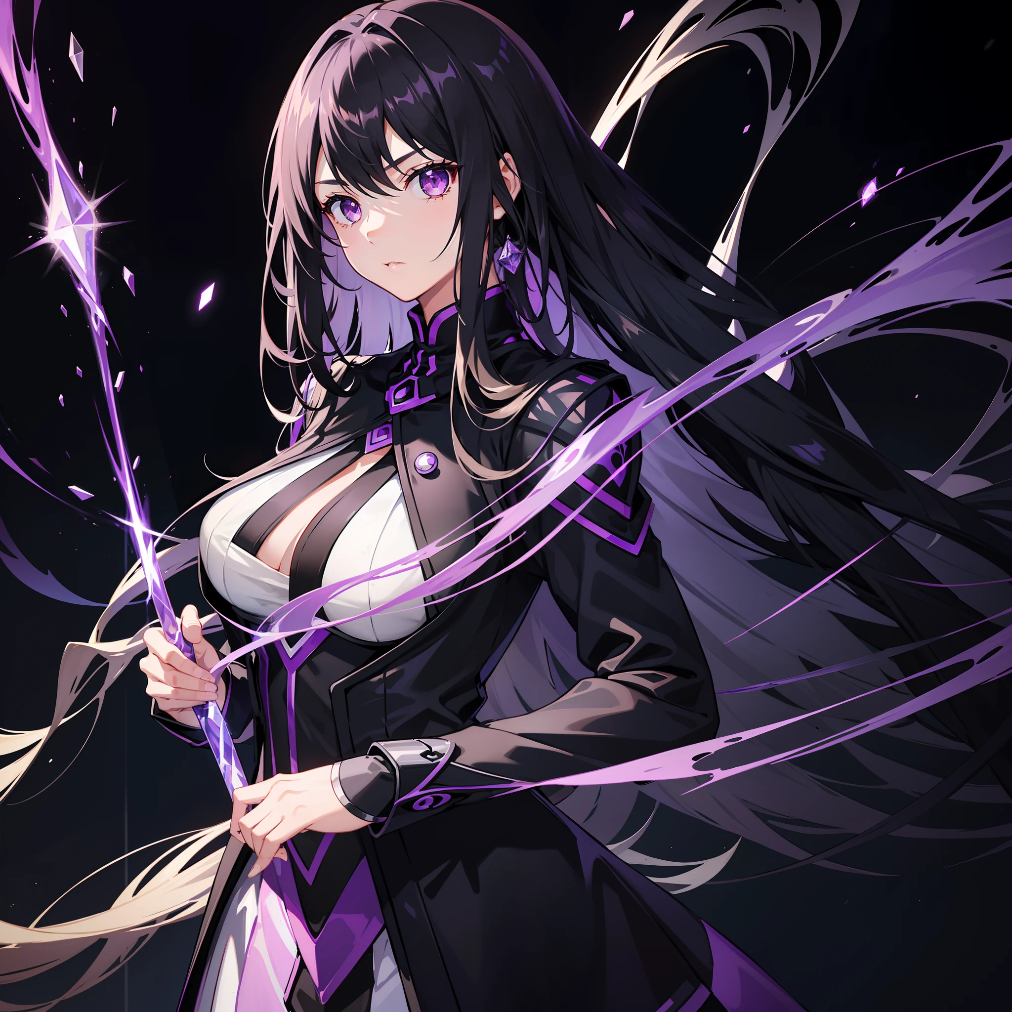Long light black hair,Girl with crystal purple eyes,Hair scattered behind him,The figure is enviable。,High-end machine-sense, futuristic high-end school uniform,Or magic costumes,flame magic,,A look of disgust,