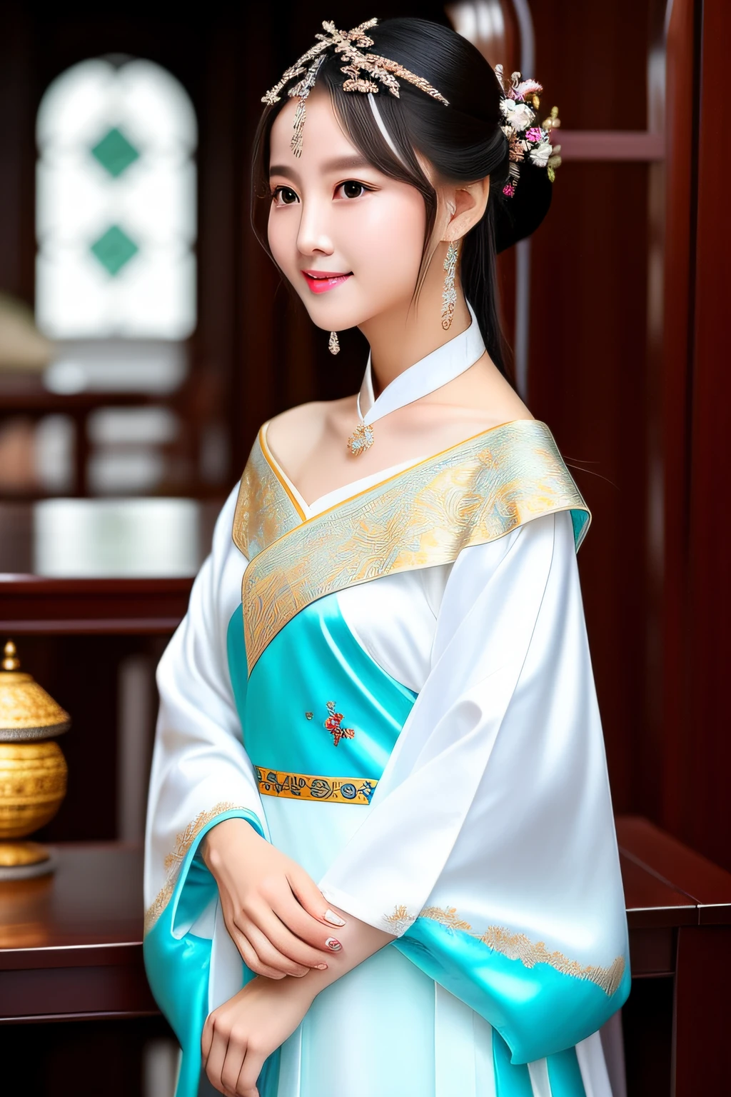 When she put on a gorgeous Han costume,The beauty of simple purity is taken to another level。That Hanfu was pink,Made from delicate silk,Exudes a faint sheen。
Her long hair was neatly combed and smooth,Braided into a delicate bun on top of your head,Set up a gorgeous headdress。The headdress is set with several rubies,Flashing with a faint light,It adds a bit of gorgeousness and solemnity to her look。
Her eyebrows curved like ink,Pick it gently,Instantly outline a pair of bright and agile eyes。Those eyes were as bright as emerald,It reveals a sense of innocence and clarity。Slightly raised corners of the eyes,Let her eyes be full of aura and playfulness。
Her lips are softly lined,slightly opening ey,A mouthful of teeth as white as jade was revealed。Those lips are as bright as rose petals,Exudes a faint aroma。Every smile,It's like flowers blooming on a spring day,It brings warmth and pleasure。
She wore a turquoise Hanfu,It is embroidered with delicate patterns,It's like a beautiful picture。The trim of the Hanfu is inlaid with gold thread,Flashing with a shimmering light,It adds a bit of luxury and nobility to her figure。
Her skin is fair and delicate,As pure as snow。The off-the-shoulder design of Hanfu reveals her beautiful collarbone,Exudes a touch of sexiness and charm。
Her posture is elegant and light as she moves,The skirt of the Hanfu danced,Soft and delicate materials flutter in the wind。Her steps are light and graceful,Every step landed like a flying crane,Dancing with her elegance and grace。
This pure and beautiful girl,Wearing Hanfu, she seems to be an ancient fairy interpreted in time,Exudes a sense of classical beauty。Whether it's her looks or her demeanor,All make people feel a pleasant beauty。