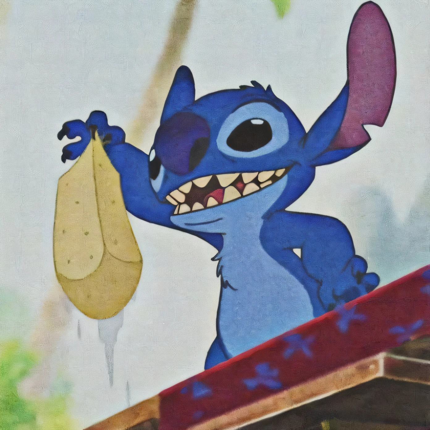 Close-up of a cartoon character holding a bag of food, Lilo and stitching, disney character, disney 2d animation still, art in the style of disney, offcial art, animated movie still, style of disney animation, style of disney animation, shaded animation cel, animated movie shot, a cartoon by disney, disney 2d traditional animation, animated disney movie palette