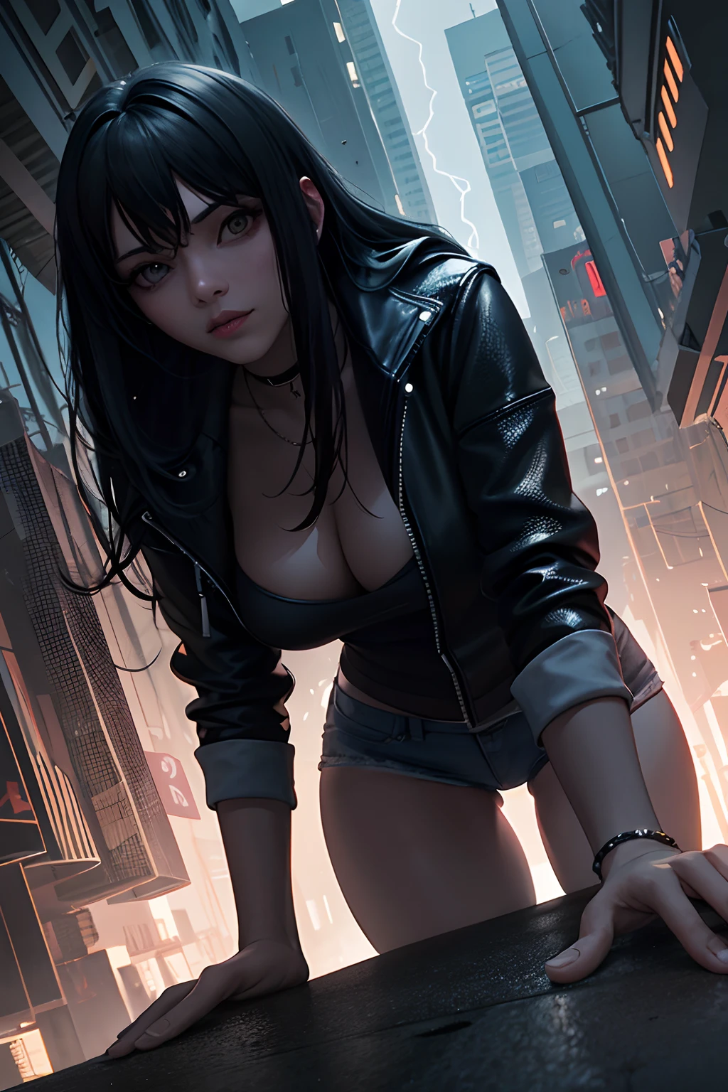 "Fine, a masterpiece with top quality and best shadow. It features an extremely detailed image with a dark lightning effect. The subject of the image is a single girl. The theme of the image is cyberpunk set in a night scene."
