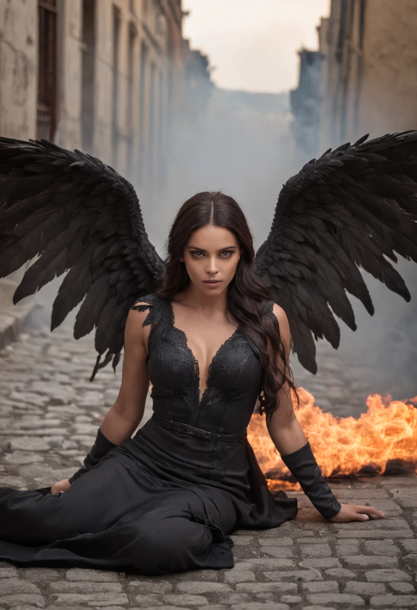melhor qualidade, obra prima, ultra-high-resolution, (fotografia realista:1.4), surrealismo, Semelhante a um sonho,FusionArt, Female Evil Fallen Angel with Huge Wings of Fire Lying on the Ground, In an apocalyptic city on fire, looking-into-camera, magia das sombras, Darkness Control, Sigilo, passo da sombra, Border spells, hidden blade,