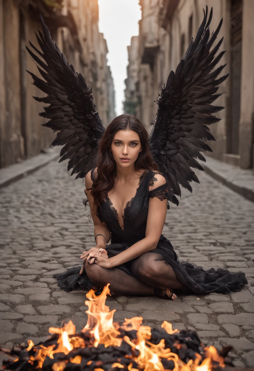 melhor qualidade, obra prima, ultra-high-resolution, (fotografia realista:1.4), surrealismo, Semelhante a um sonho,FusionArt, Female Evil Fallen Angel with Huge Wings of Fire Lying on the Ground, In an apocalyptic city on fire, looking-into-camera, magia das sombras, Darkness Control, Sigilo, passo da sombra, Border spells, hidden blade,