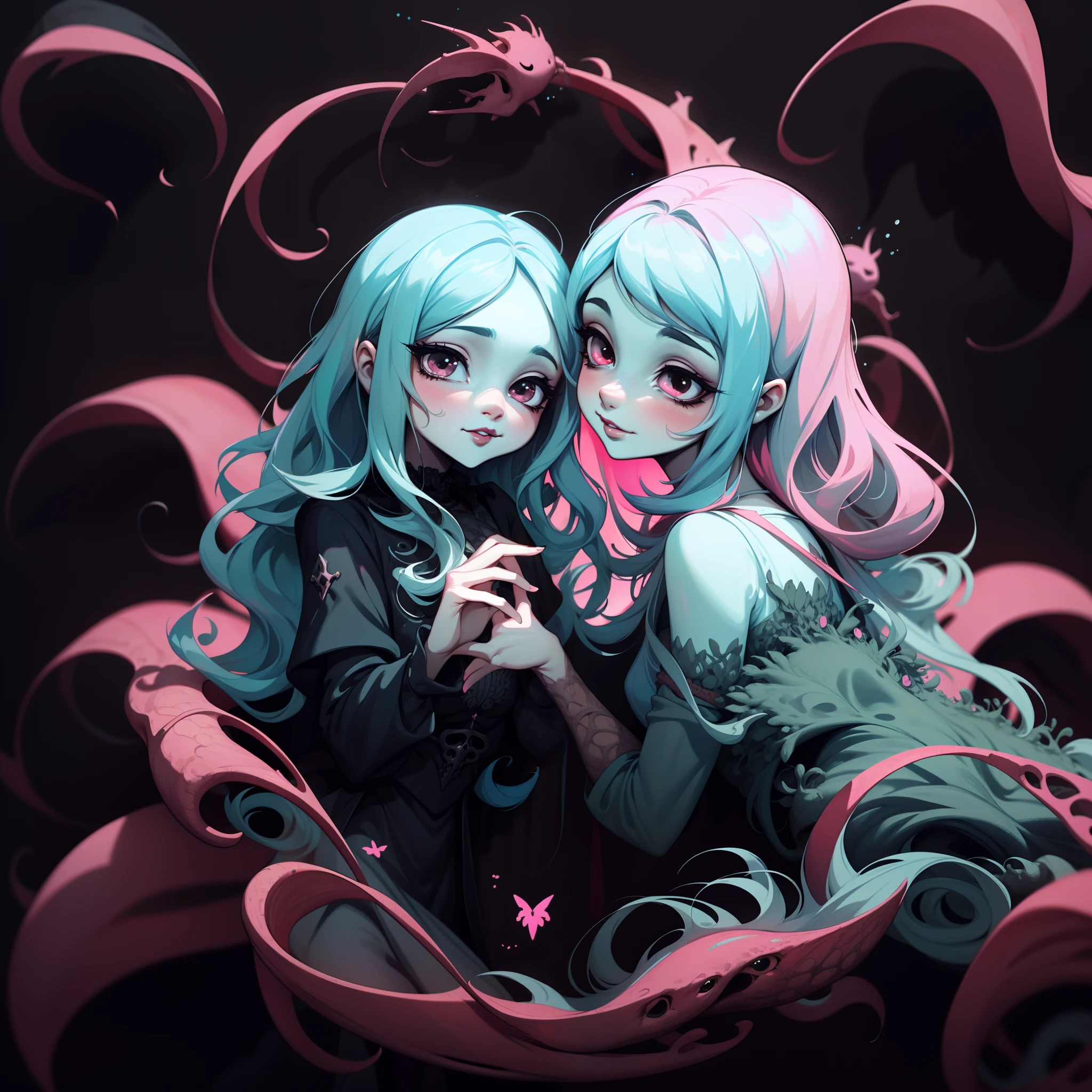 adesivo, fundo simples, retrato, 2 girls, couple, girl with long hair, girl smilling, gothic aesthetics, beautiful gotich girl, very beautiful fantasy art, beautiful and elegant female gothic, beautiful detailed fantasy, purple and black color palate, purple color-theme